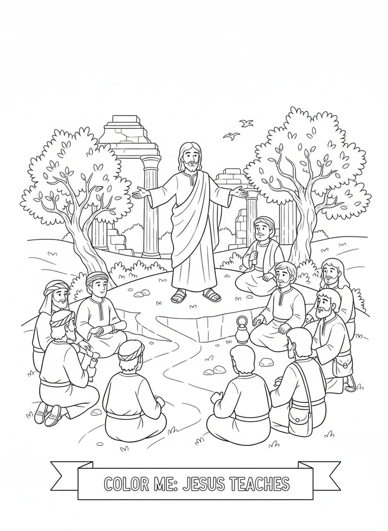 Jesus ensinando os discípulos, página para colorir da Ascensão para crianças da Escola Dominical de 5 a 12 anos