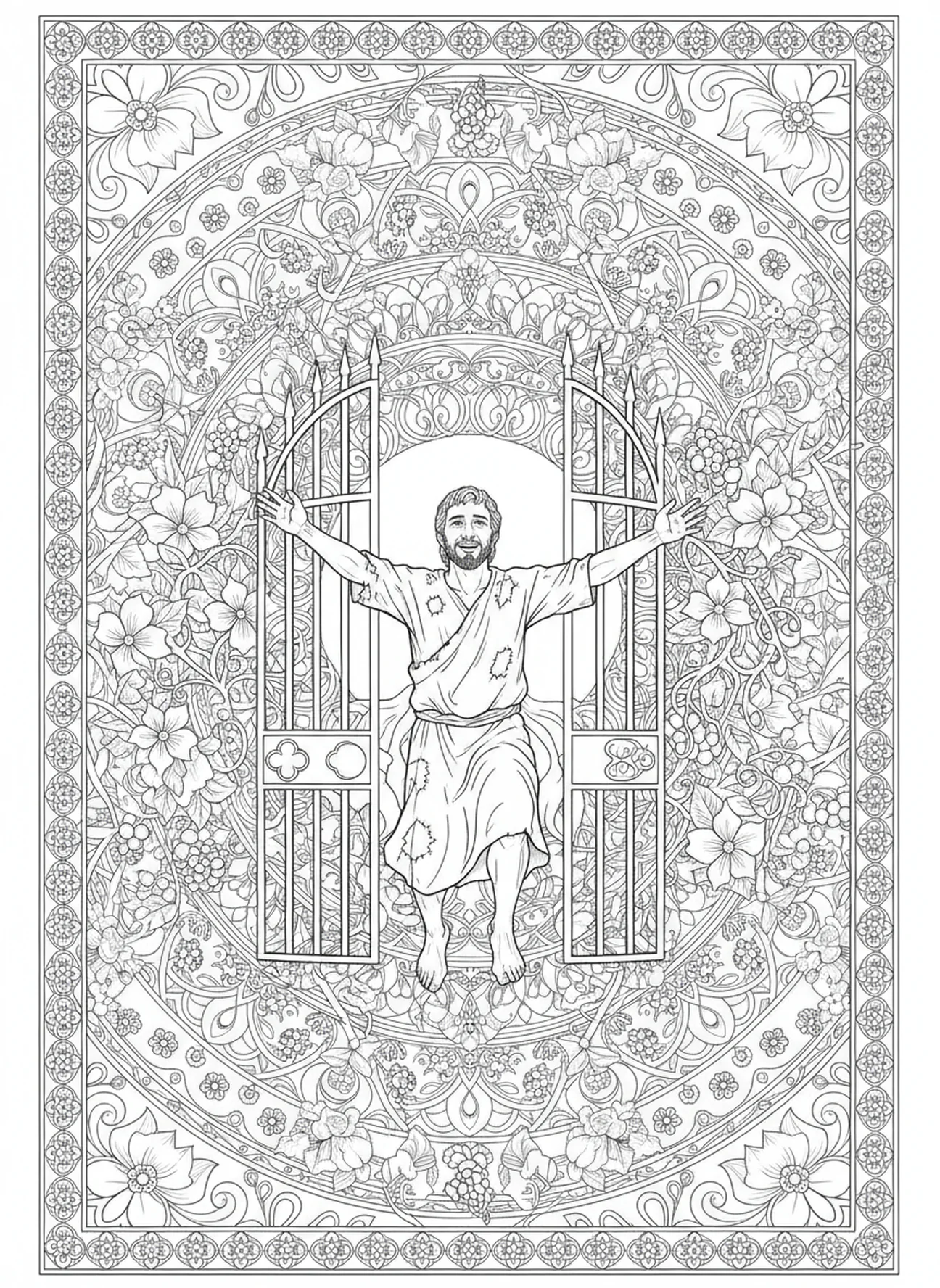 Barrabás saindo da prisão, página de colorir Barrabás para adultos no estilo de journaling bíblico.