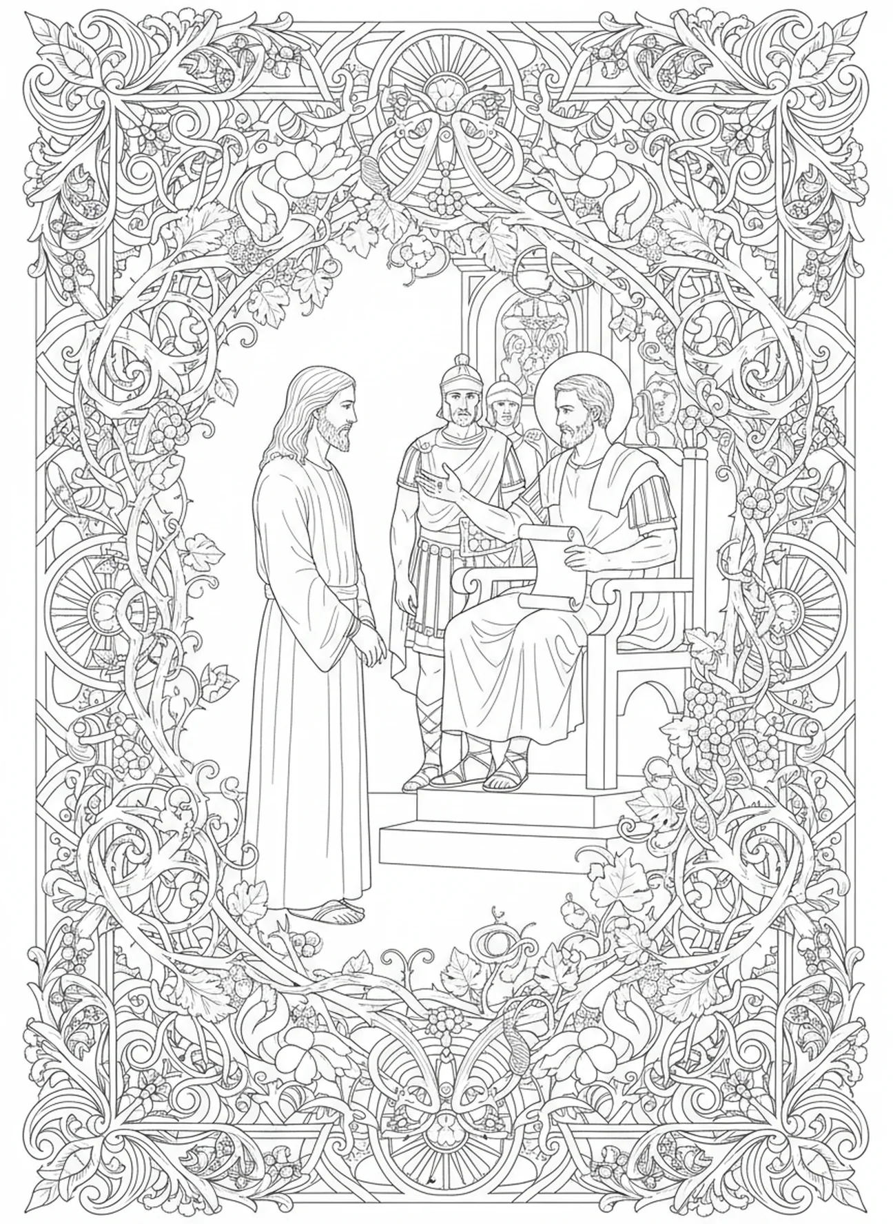 Jesus diante de Pilatos, página para colorir Barabbas no estilo de journaling bíblico para adultos.