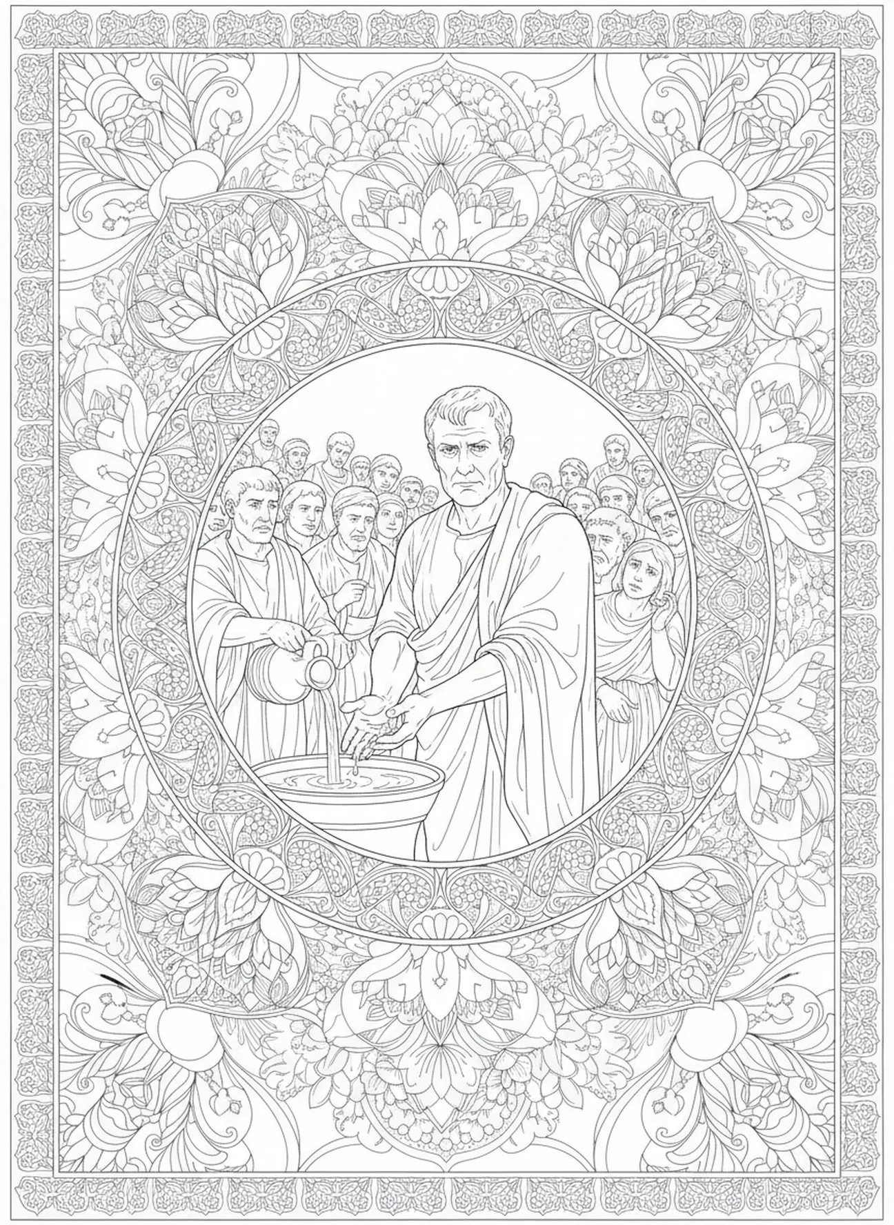 Pôncio Pilatos lavando as mãos, página para colorir de Barrabás no estilo de journaling bíblico para adultos.