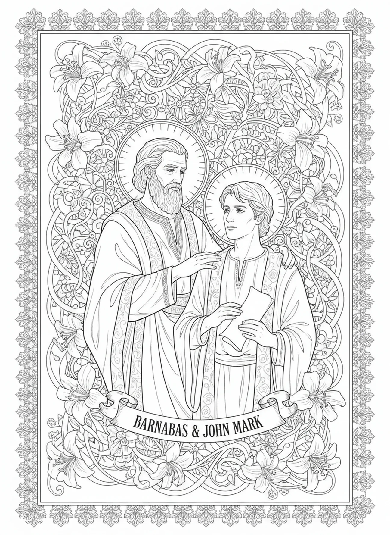 Bernabé guiando a Juan Marcos, página para colorear de Bernabé en estilo de journaling bíblico para adultos.