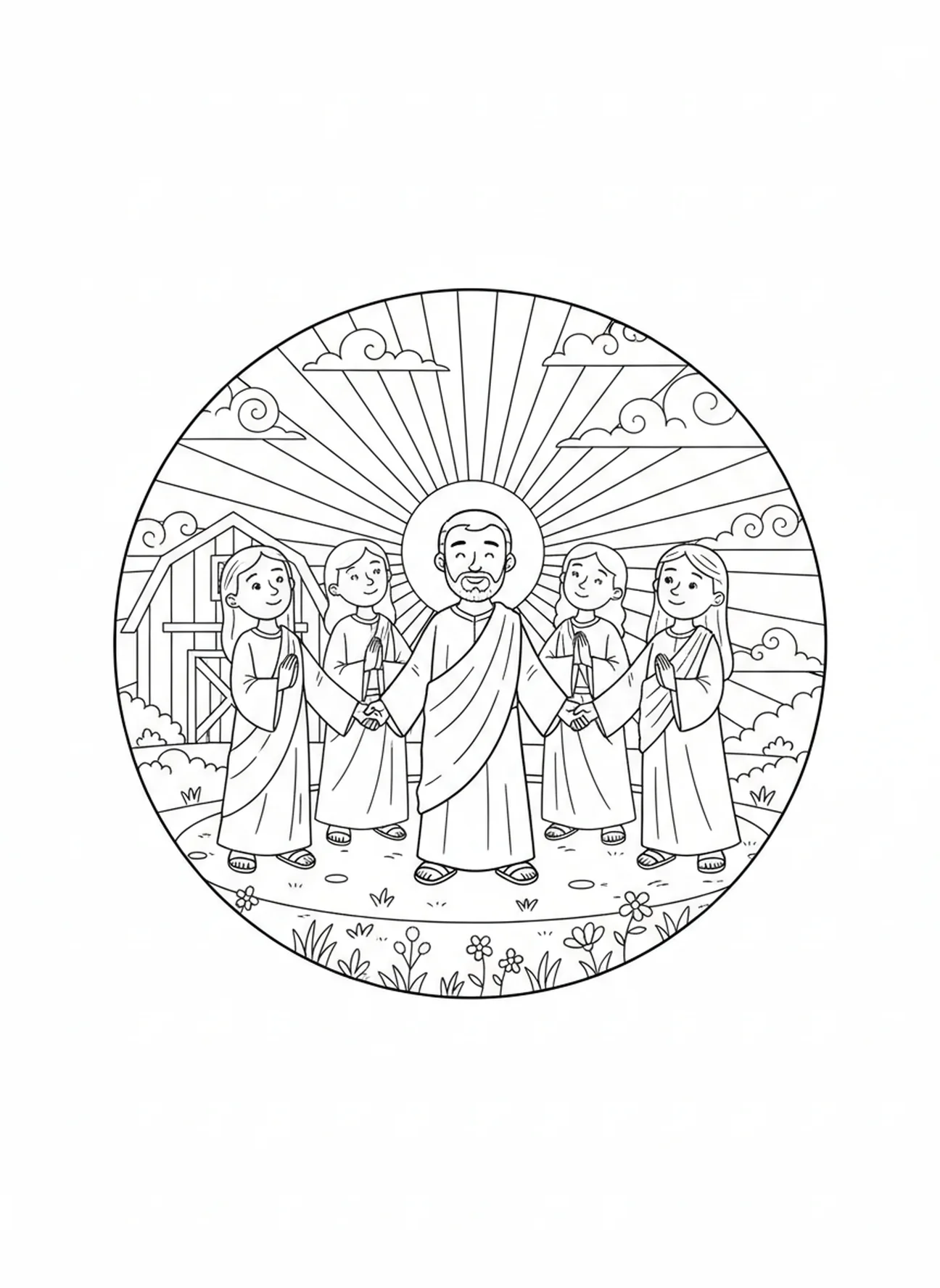 Barnabas betet mit anderen, Ausmalbild von Barnabas für Kinder im Alter von 5-10 Jahren