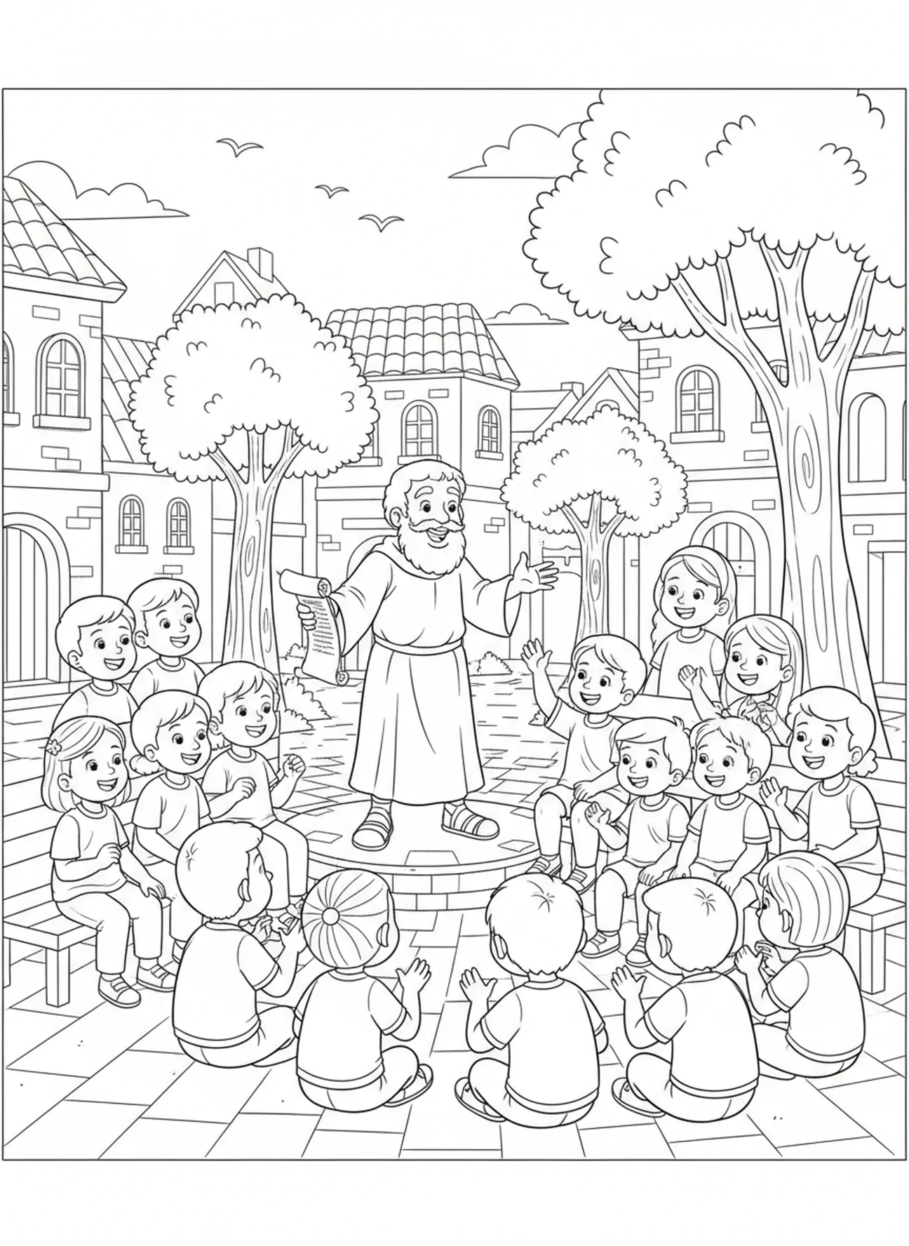 Barnabas lehrt in der Stadt, Ausmalbild von Barnabas für Kinder im Alter von 5-10 Jahren