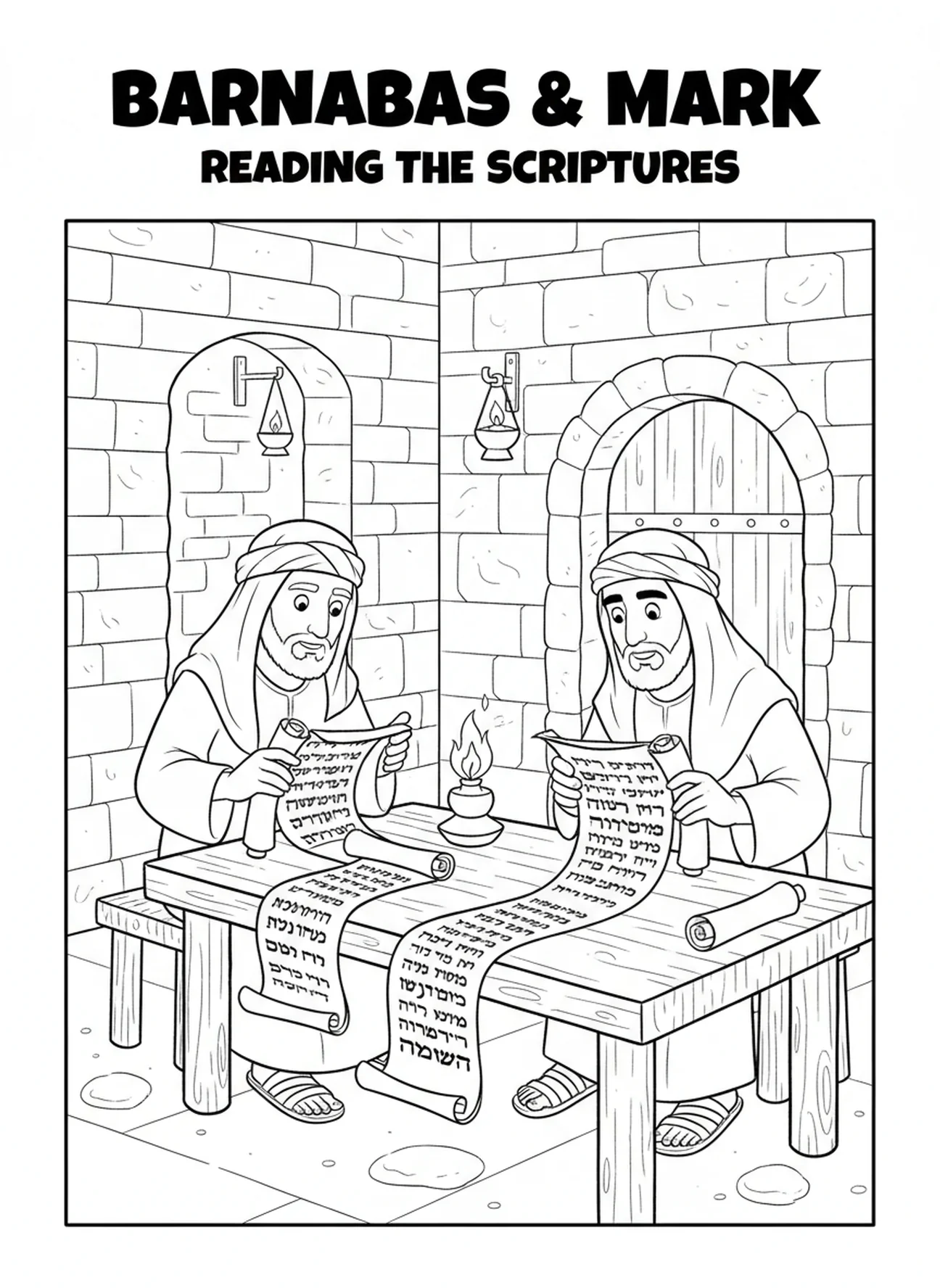 Barnabas und Markus lernen zusammen, Ausmalbild von Barnabas für Kinder in der Sonntagsschule im Alter von 5-12 Jahren.