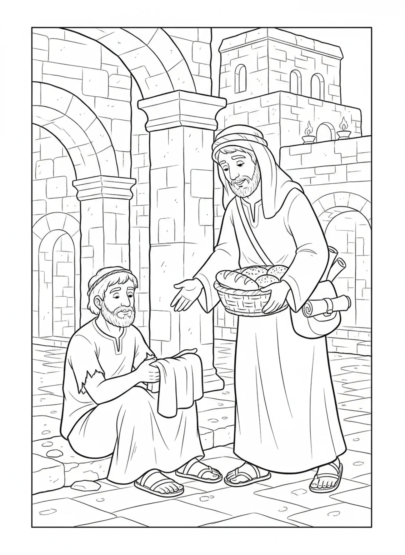 Barnabas hilft den Armen, Ausmalbild von Barnabas für Kinder in der Sonntagsschule im Alter von 5-12 Jahren.