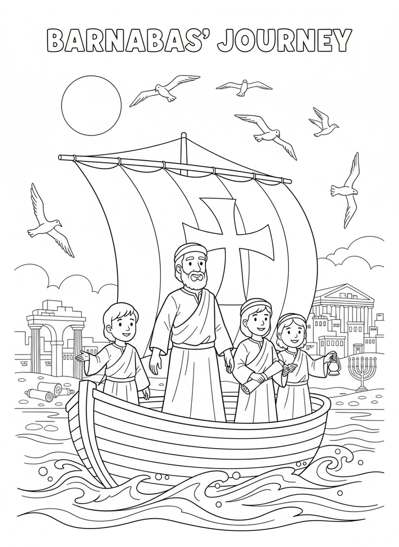 Barnabas auf einem Schiff, Segelbild für Kinder in der Sonntagsschule im Alter von 5-12 Jahren.