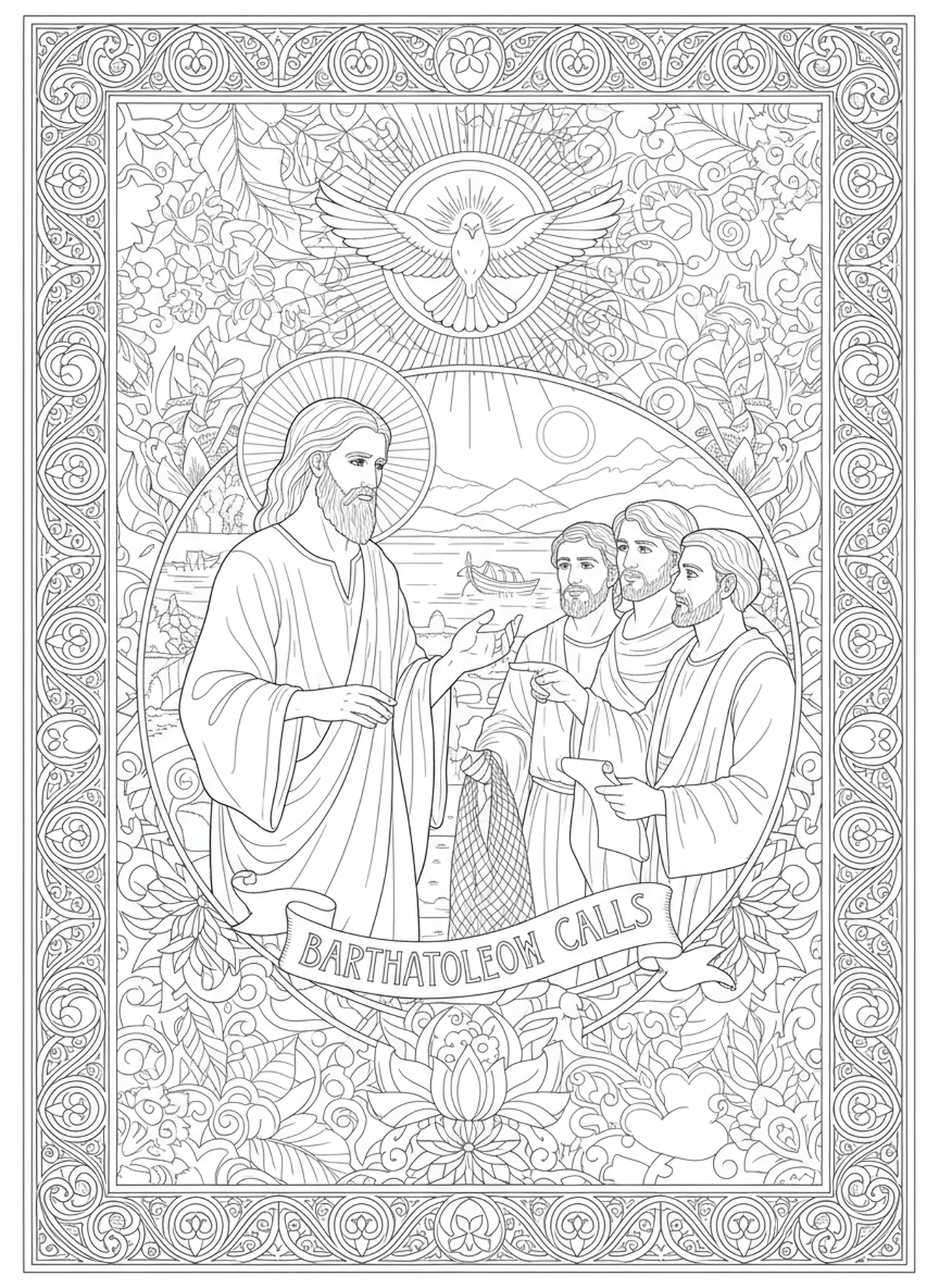 Saint Barthélemy appelant des disciples, page à colorier pour adultes dans le style du journal biblique