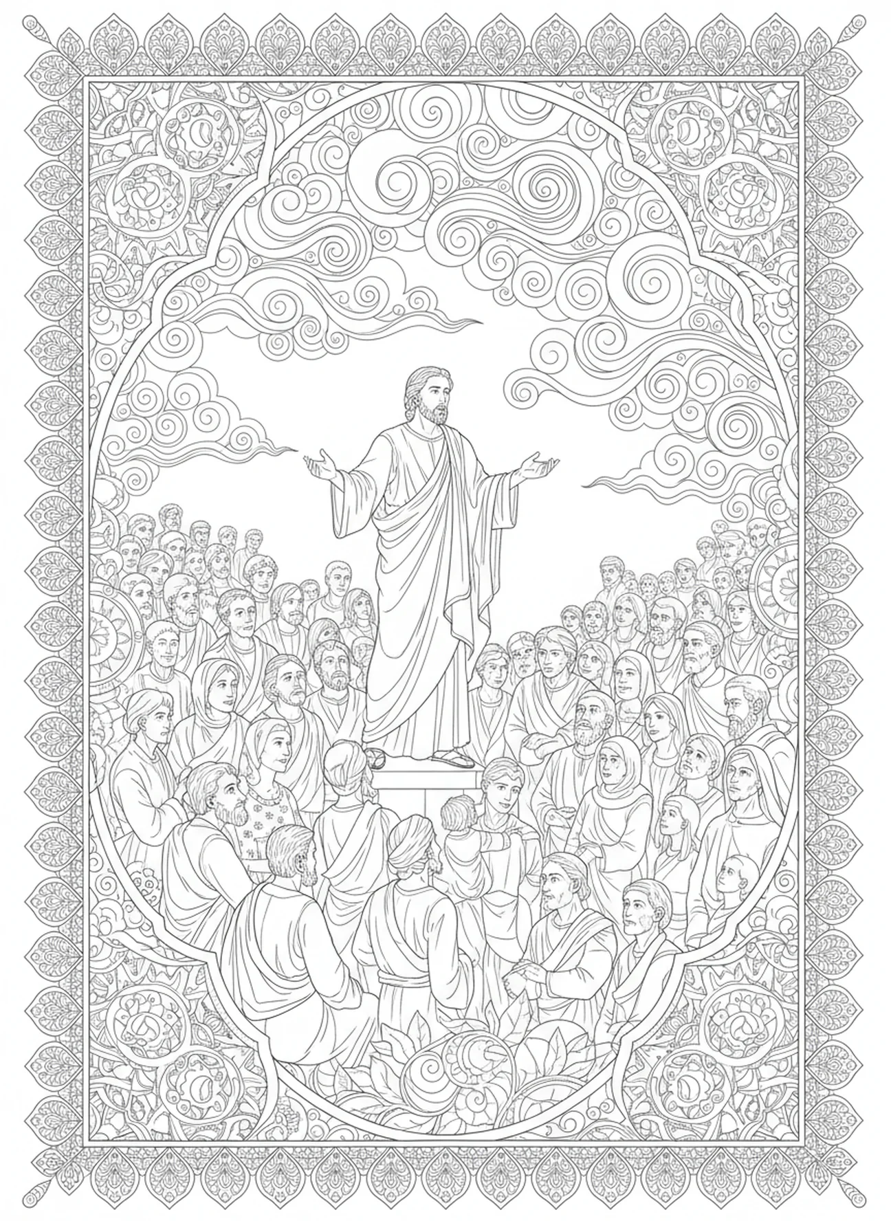 Saint Barthélemy prêchant à une assemblée, page à colorier pour adultes dans le style du journal biblique
