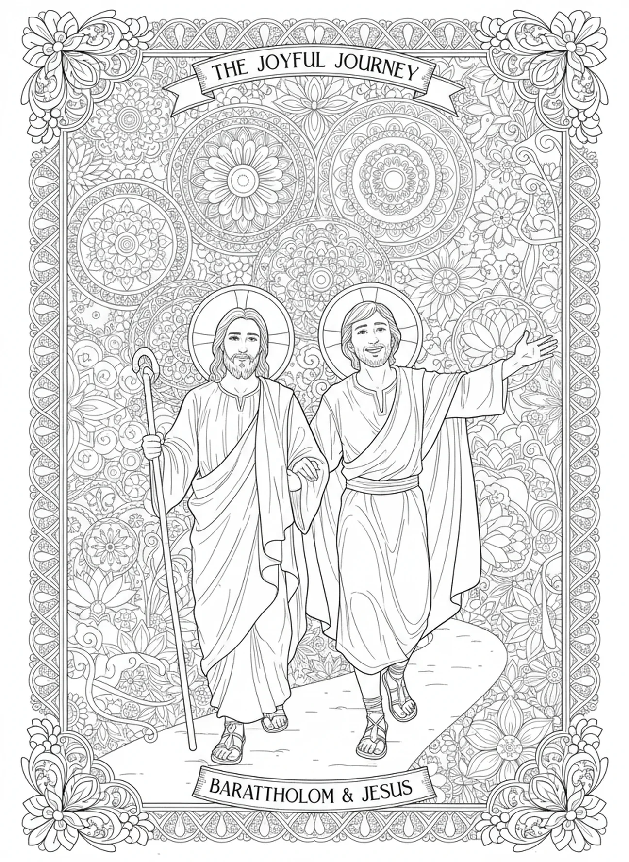 Barthélemy marchant avec Jésus, page à colorier de l'apôtre Barthélemy pour le style de journal biblique pour adultes