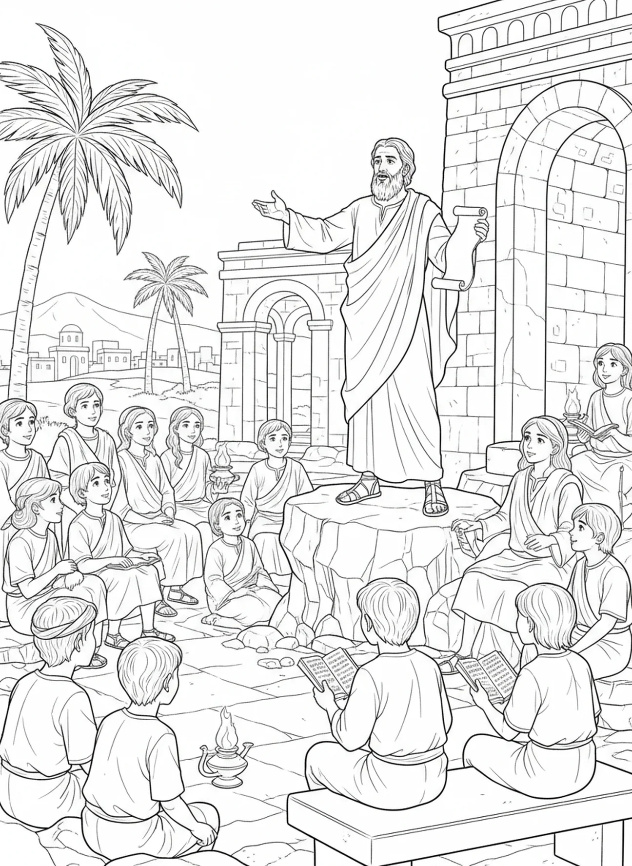 Bartholomeus die predikt voor een menigte, kleurplaat van de Apostel Bartholomeus voor Zondagsschoolkinderen van 5-12 jaar.