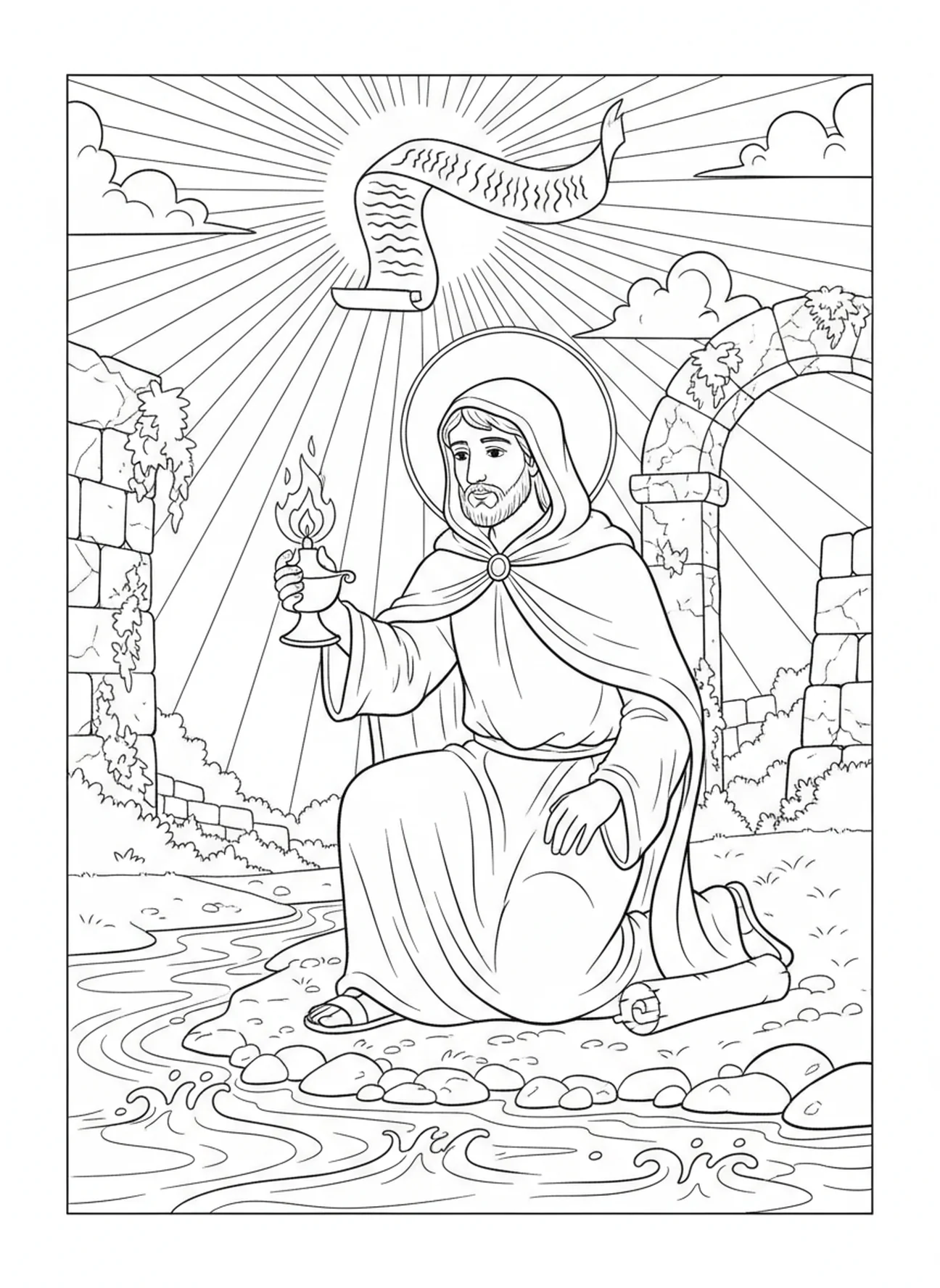 Bartholomeus knielt bij een rivier, kleurplaat van de Apostel Bartholomeus voor Zondagsschoolkinderen van 5-12 jaar.