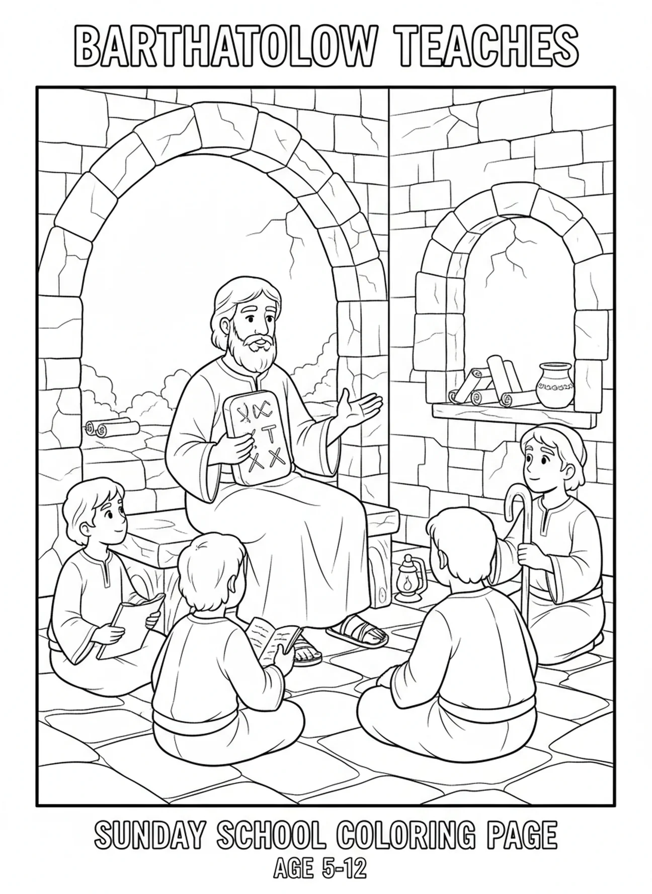 Bartholomeus die discipelen onderwijst met een stenen tablet, kleurplaat van de apostel Bartholomeus voor Zondagsschoolkinderen van 5-12 jaar.