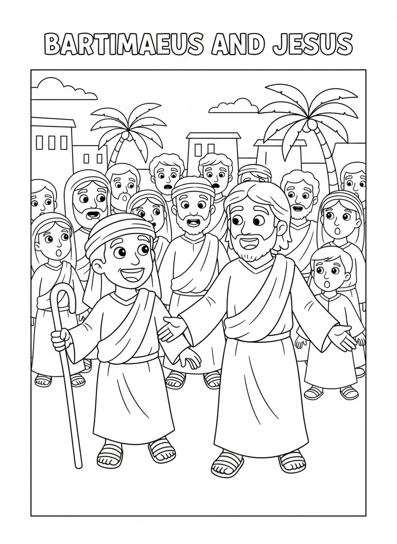 Bartimée suivant joyeusement Jésus, page à colorier Bartimée aveugle pour enfants de 5 à 10 ans