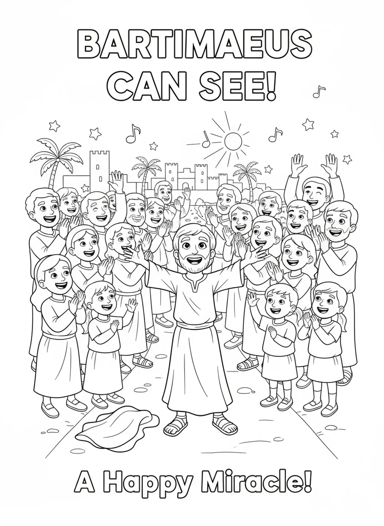 Foule célébrant le miracle de Bartimée, page à colorier Bartimée l'aveugle pour enfants de 5 à 10 ans
