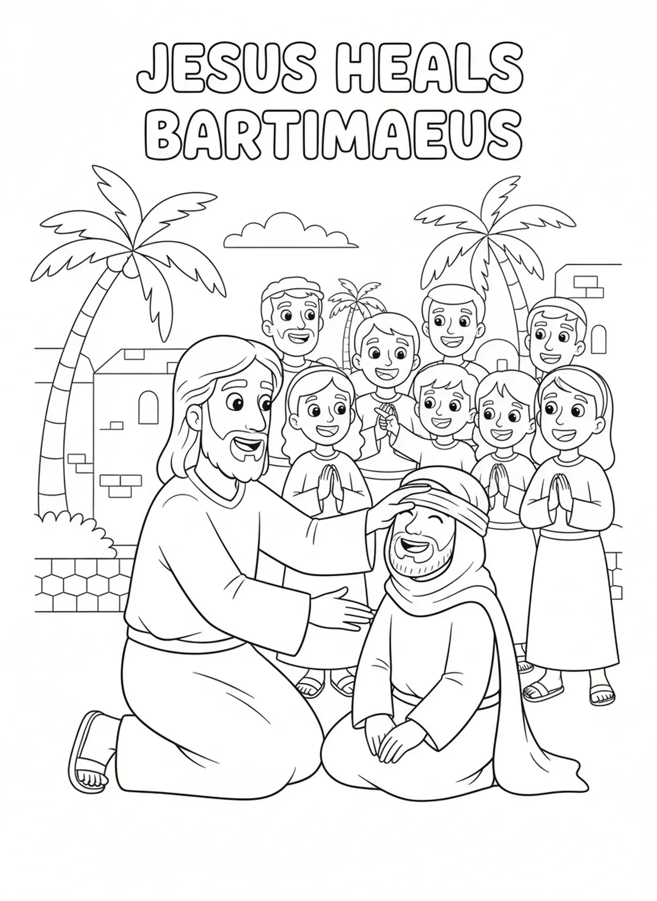 Jésus guérissant Bartimée, page à colorier de Bartimée l'aveugle pour les enfants de 5 à 10 ans