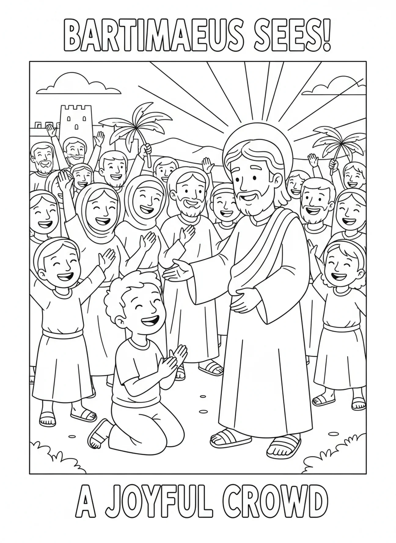 Bartimée remerciant Jésus, page à colorier de Bartimée aveugle pour les enfants de 5 à 10 ans