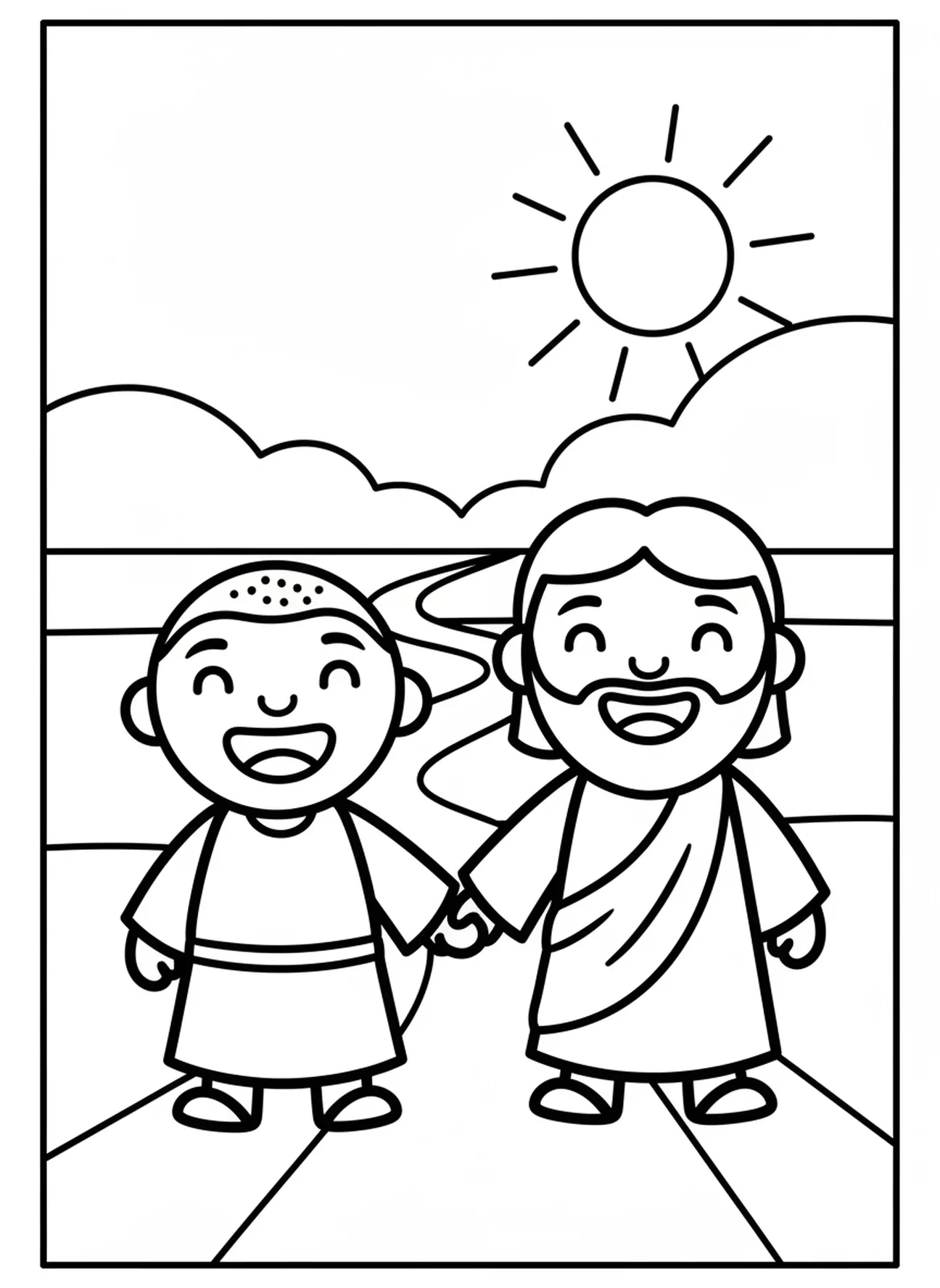Bartimée joyeux suivant Jésus, page à colorier de Bartimée aveugle pour les enfants d'âge préscolaire de 3 à 5 ans