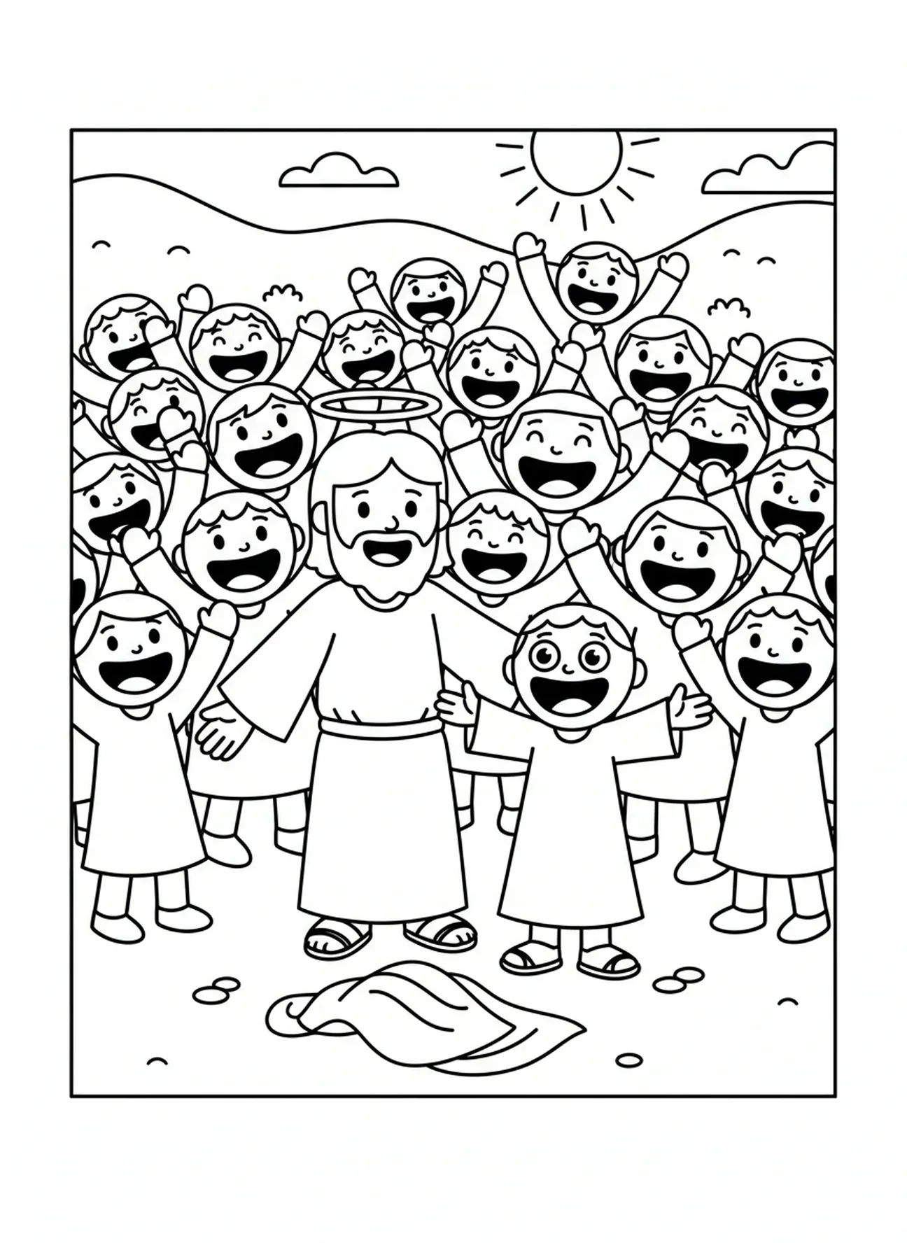 Foule joyeuse célébrant, page à colorier de Bartimée pour les enfants d'âge préscolaire de 3 à 5 ans