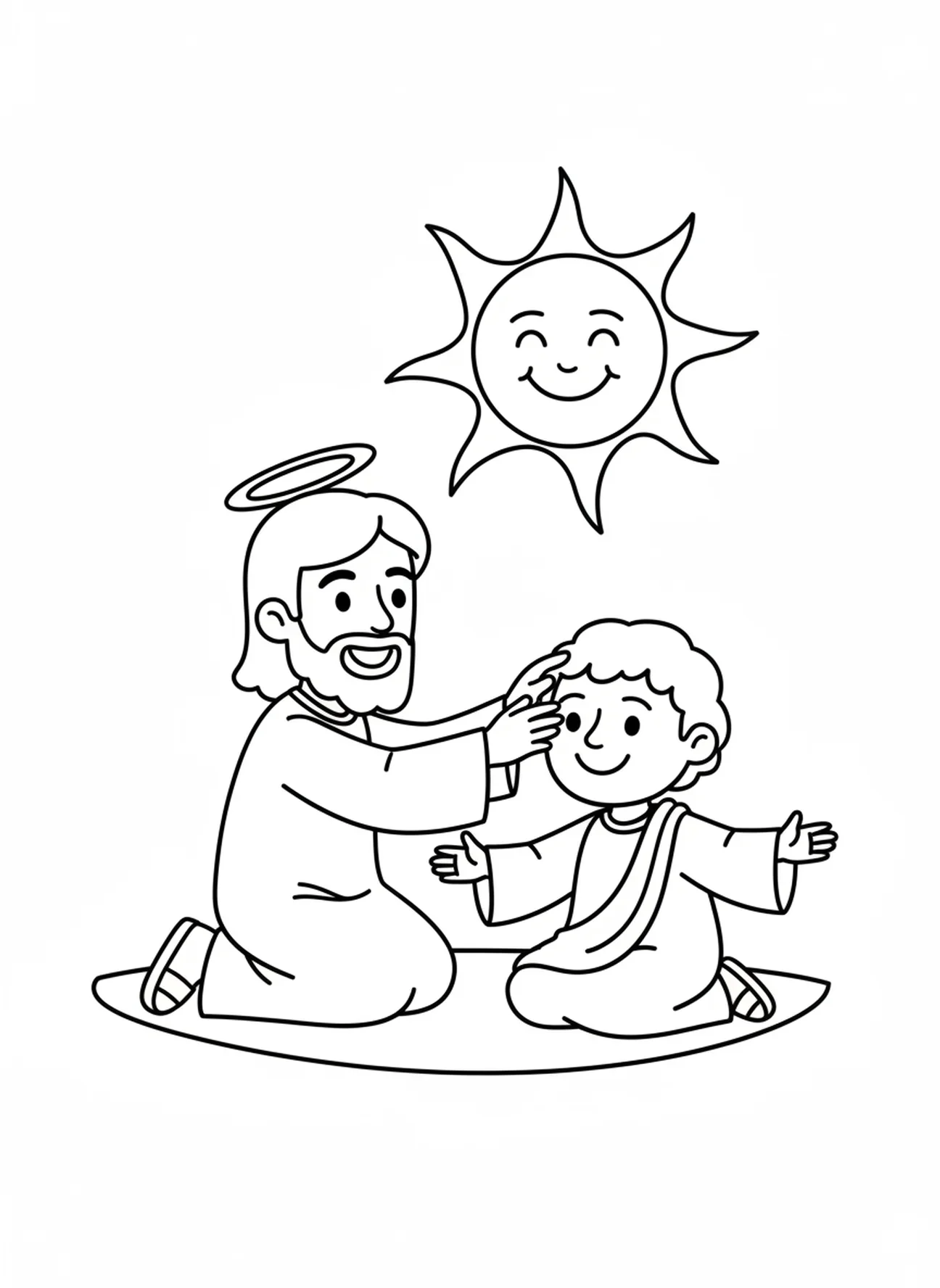 Jésus souriant touchant Bartimée, page à colorier de Bartimée l'aveugle pour les enfants d'âge préscolaire de 3 à 5 ans