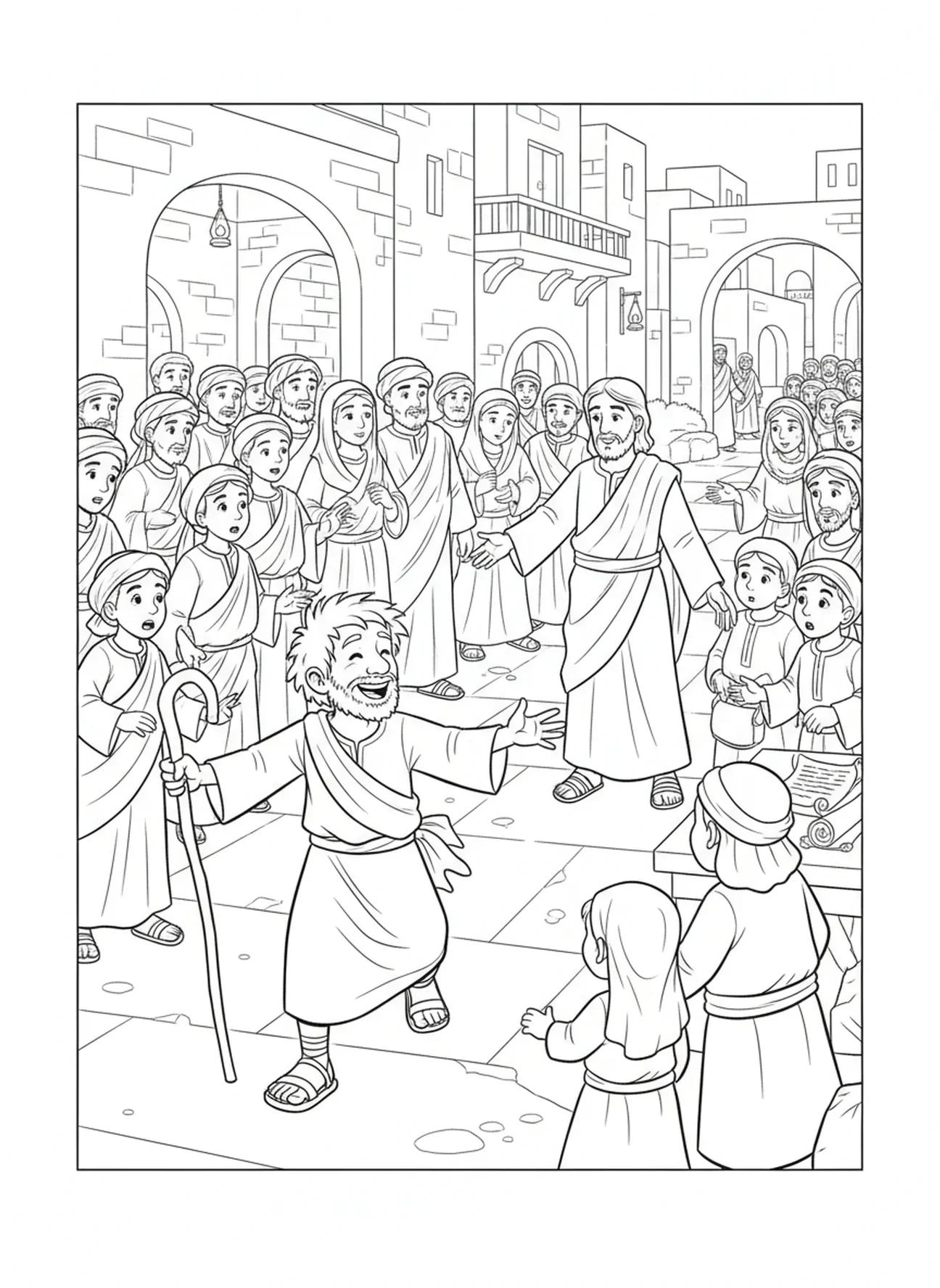 Bartimée marchant vers Jésus, page à colorier de Bartimée pour les enfants de l'École du dimanche âgés de 5 à 12 ans.
