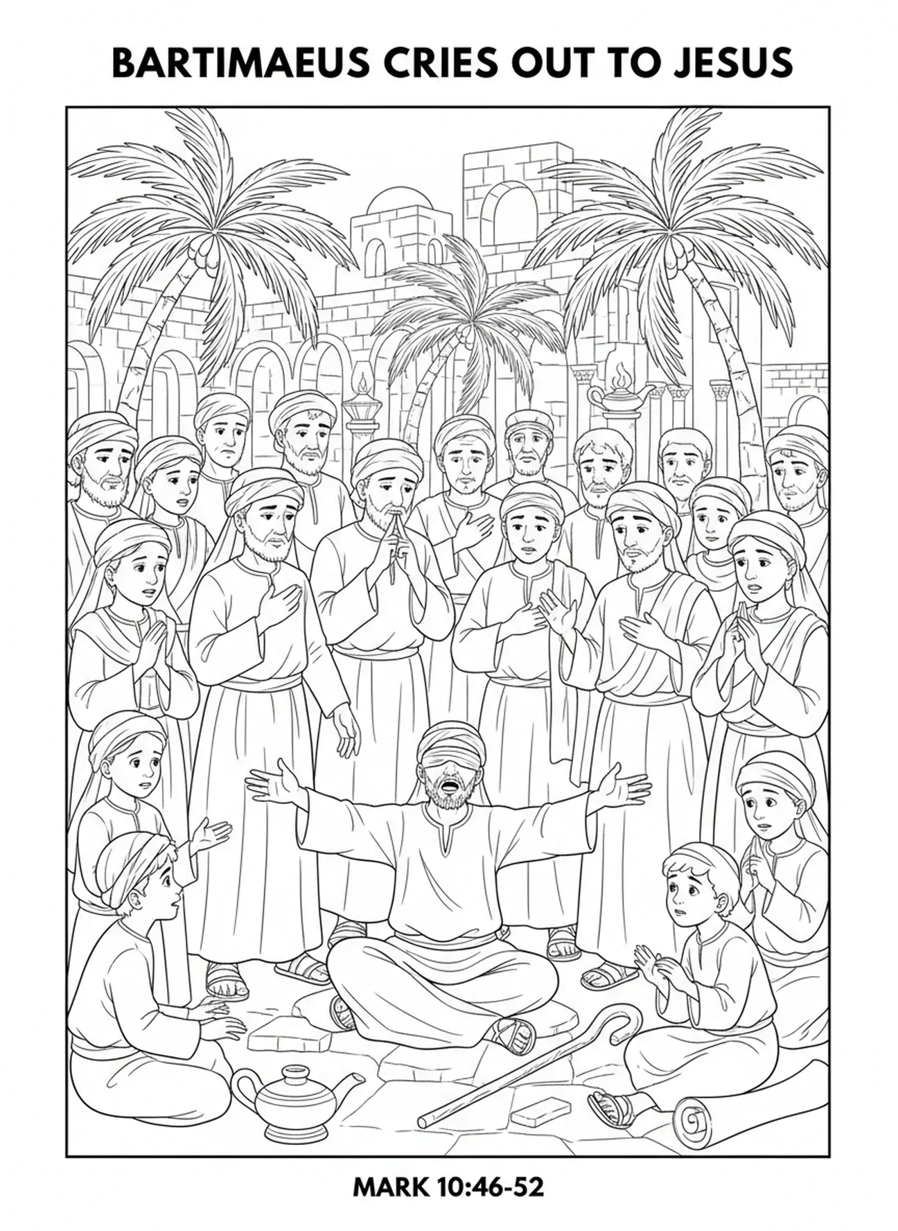 Foule autour de Bartimée, page à colorier Bartimée l'aveugle pour les enfants de l'École du dimanche âgés de 5 à 12 ans.