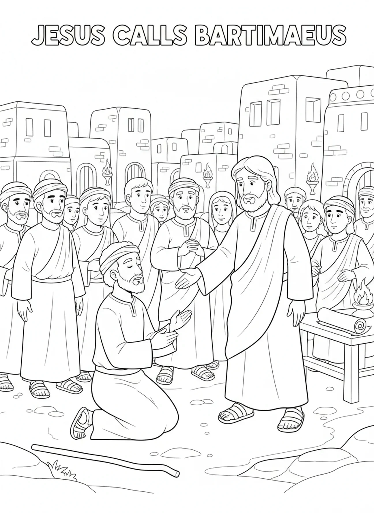 Jésus appelle Bartimée, page à colorier de Bartimée l'aveugle pour les enfants de l'École du dimanche âgés de 5 à 12 ans.
