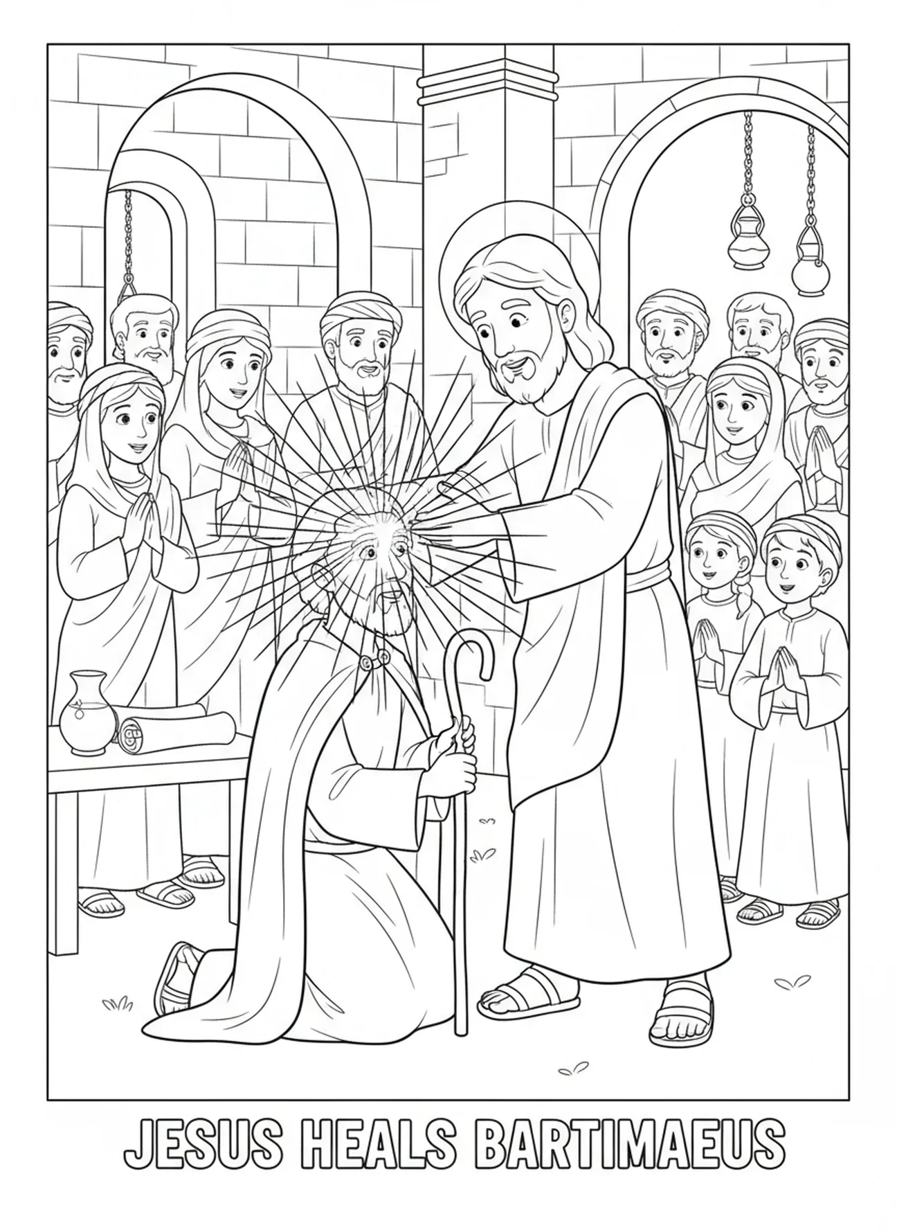 Jésus guérissant Bartimée, page à colorier de Bartimée l'aveugle pour les enfants de l'École du dimanche âgés de 5 à 12 ans.