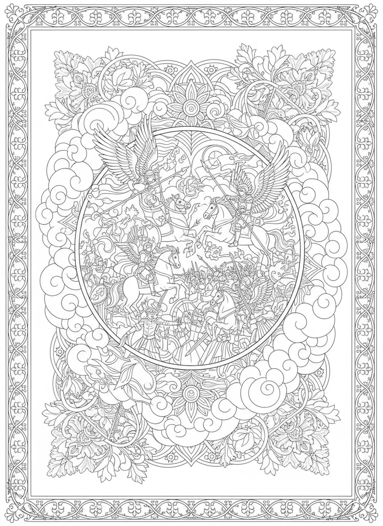 Exércitos angelicais em cena de batalha, página para colorir do Livro de Apocalipse no estilo de journaling bíblico para adultos.