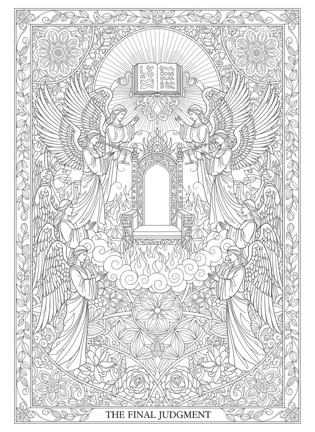 Anjos e o trono do juízo, página para colorir do Livro de Apocalipse no estilo de journaling bíblico para adultos.