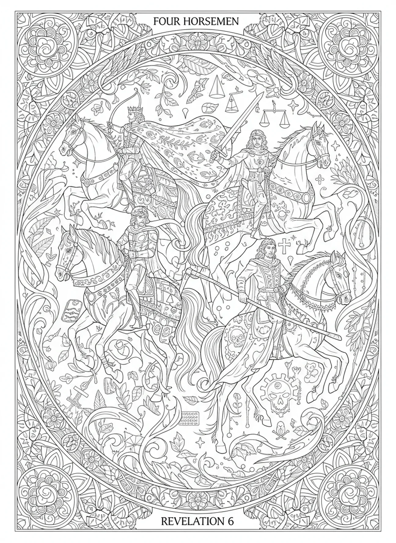 Quatro cavaleiros simbolizando o apocalipse, página de colorir do Livro de Apocalipse para adultos no estilo de journaling bíblico.