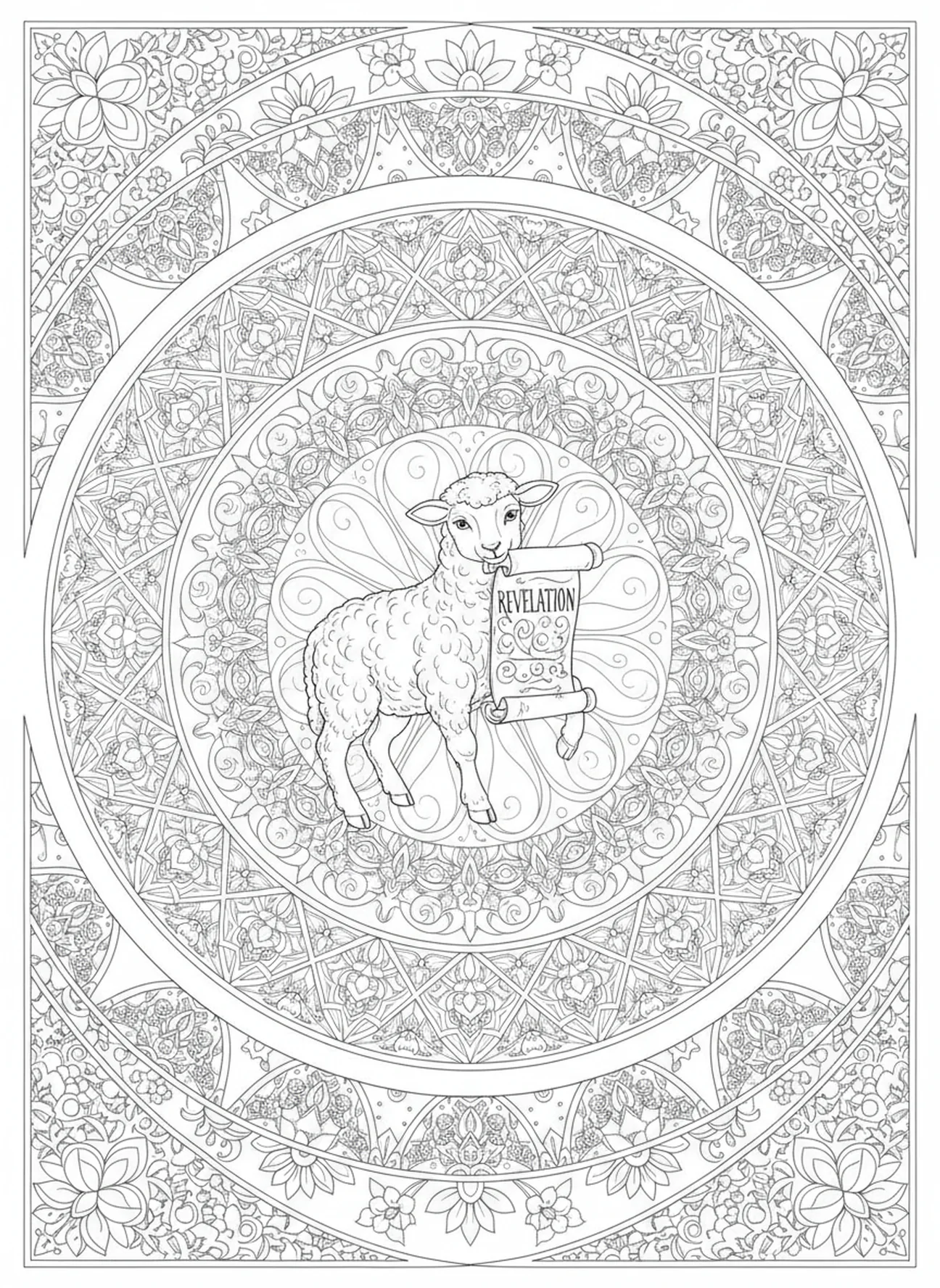 Cordeiro segurando um pergaminho, página para colorir do Livro de Apocalipse no estilo de journaling bíblico para adultos.