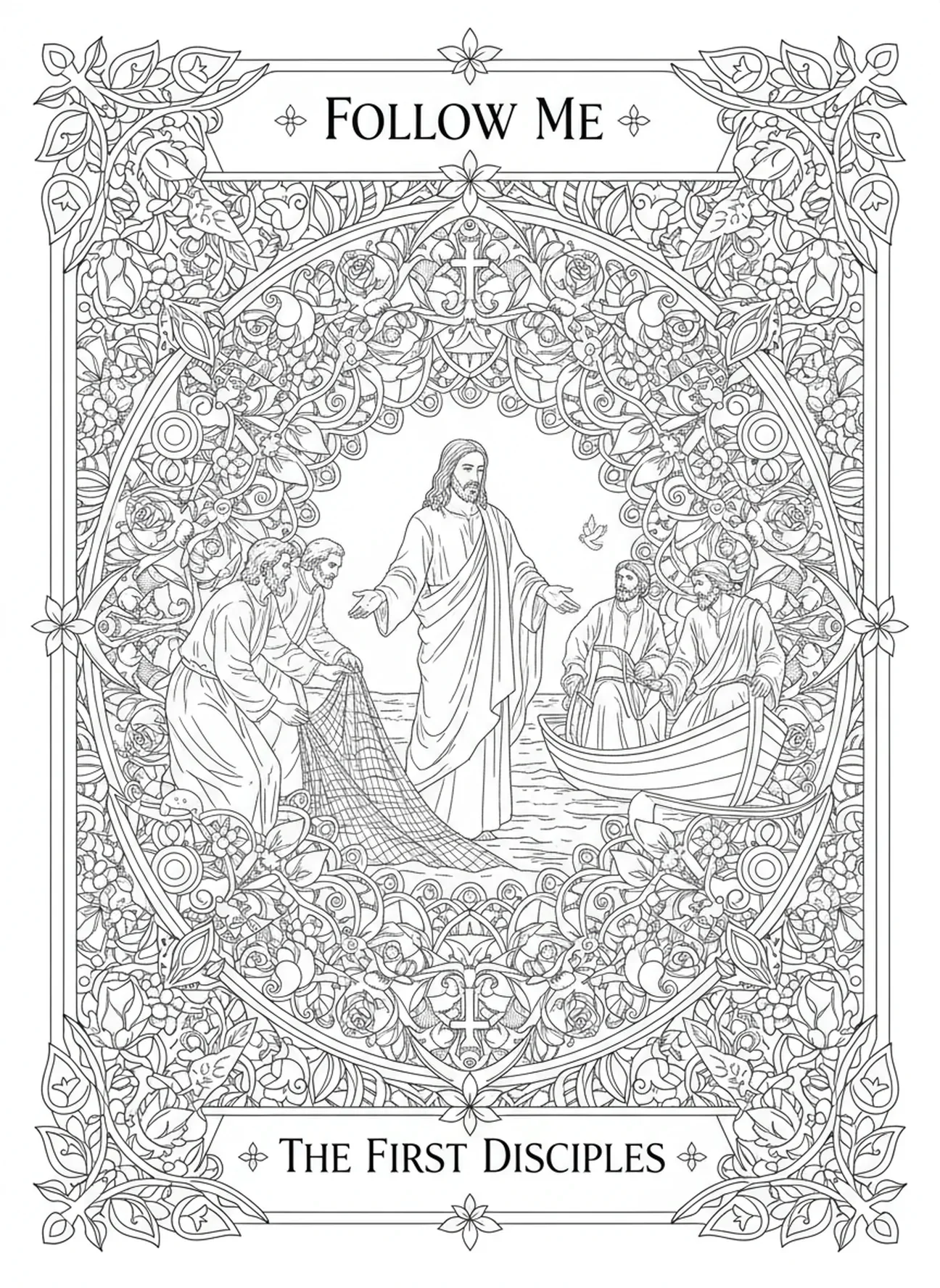 Jesus versammelt Jünger, Ausmalbild für Erwachsene im Stil des Bibeljournaling.