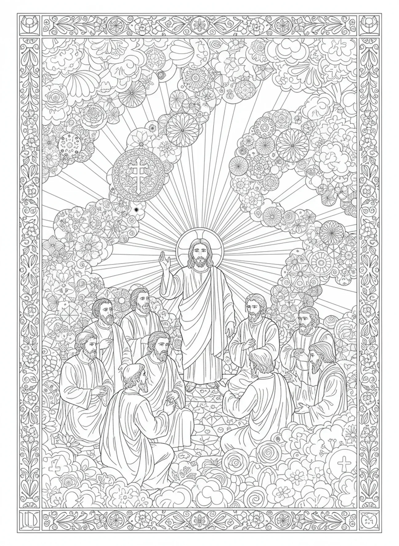 Jesus verabschiedet sich von den Jüngern, Ausmalbild für Erwachsene im Stil des Bibeljournaling.
