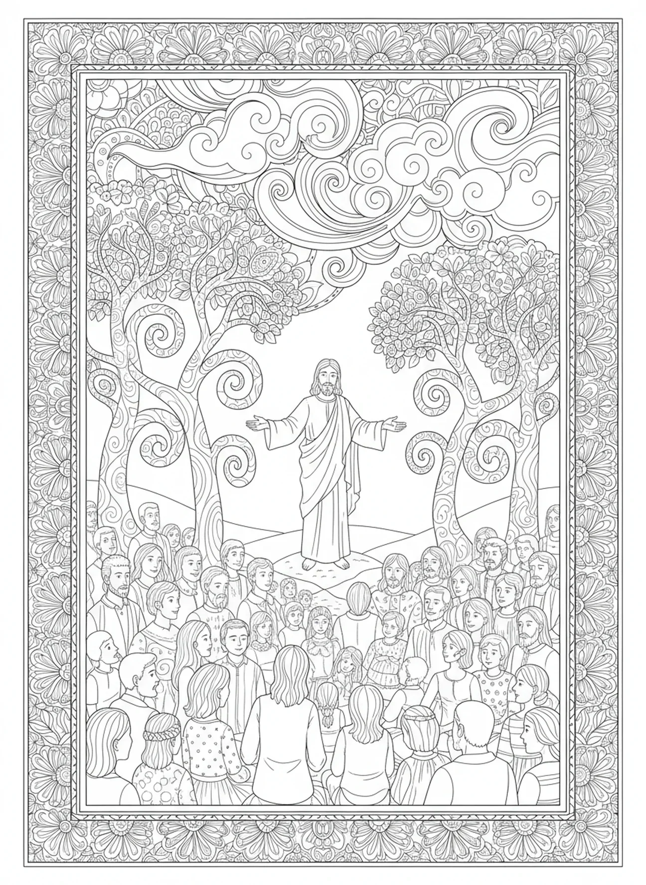 Jesus lehrt die Menge, Ausmalbild für Erwachsene im Stil des Bibeljournaling.