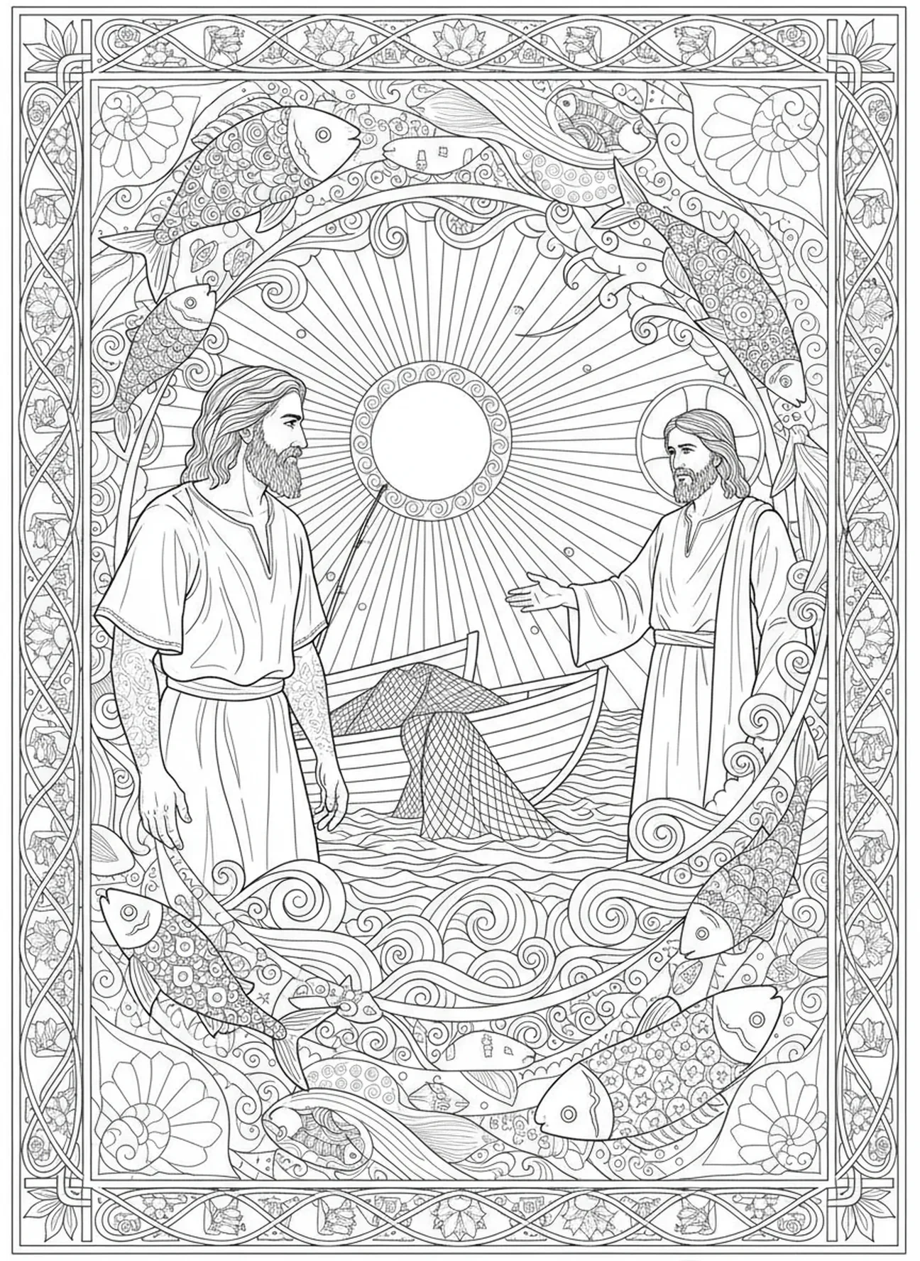 Peter und Andreas verlassen ihre Netze, Malvorlage für Erwachsene zum Thema Jüngerruf im Bibel-Journaling-Stil.