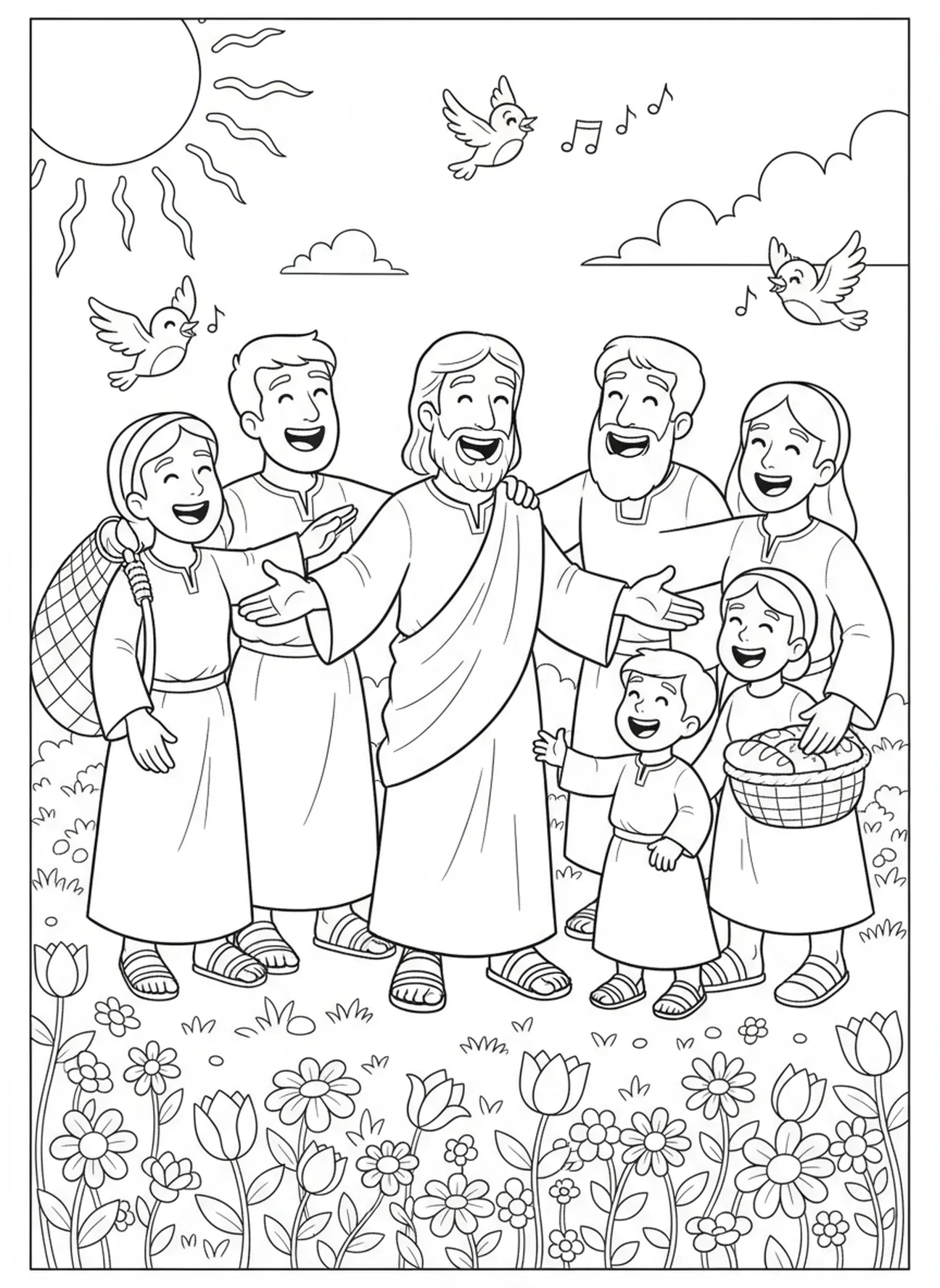 Discipulos se reunindo, página para colorir sobre o Chamado dos Discipulos para crianças de 5 a 10 anos