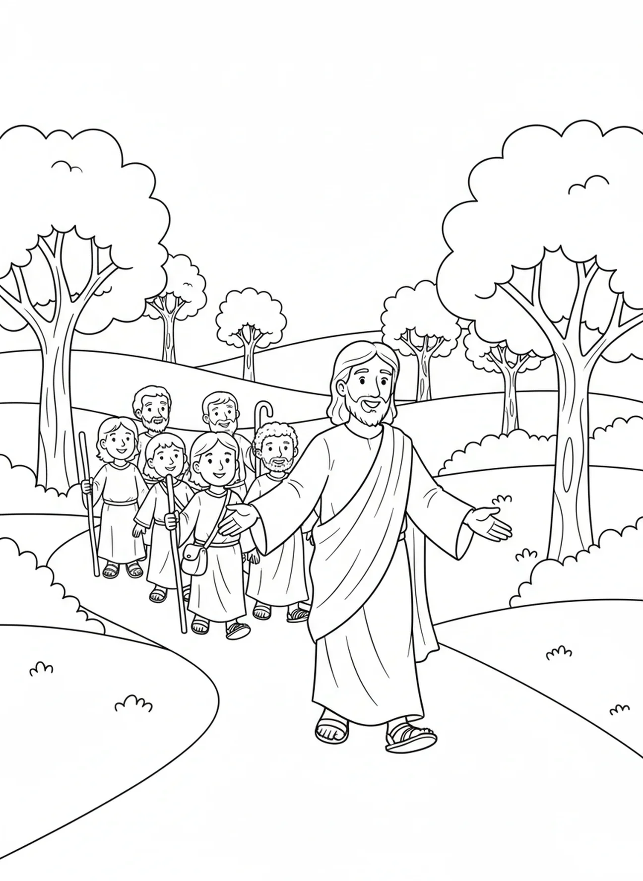 Jesus e discípulos caminhando, página de colorir Chamando os Discípulos para crianças de 5 a 10 anos
