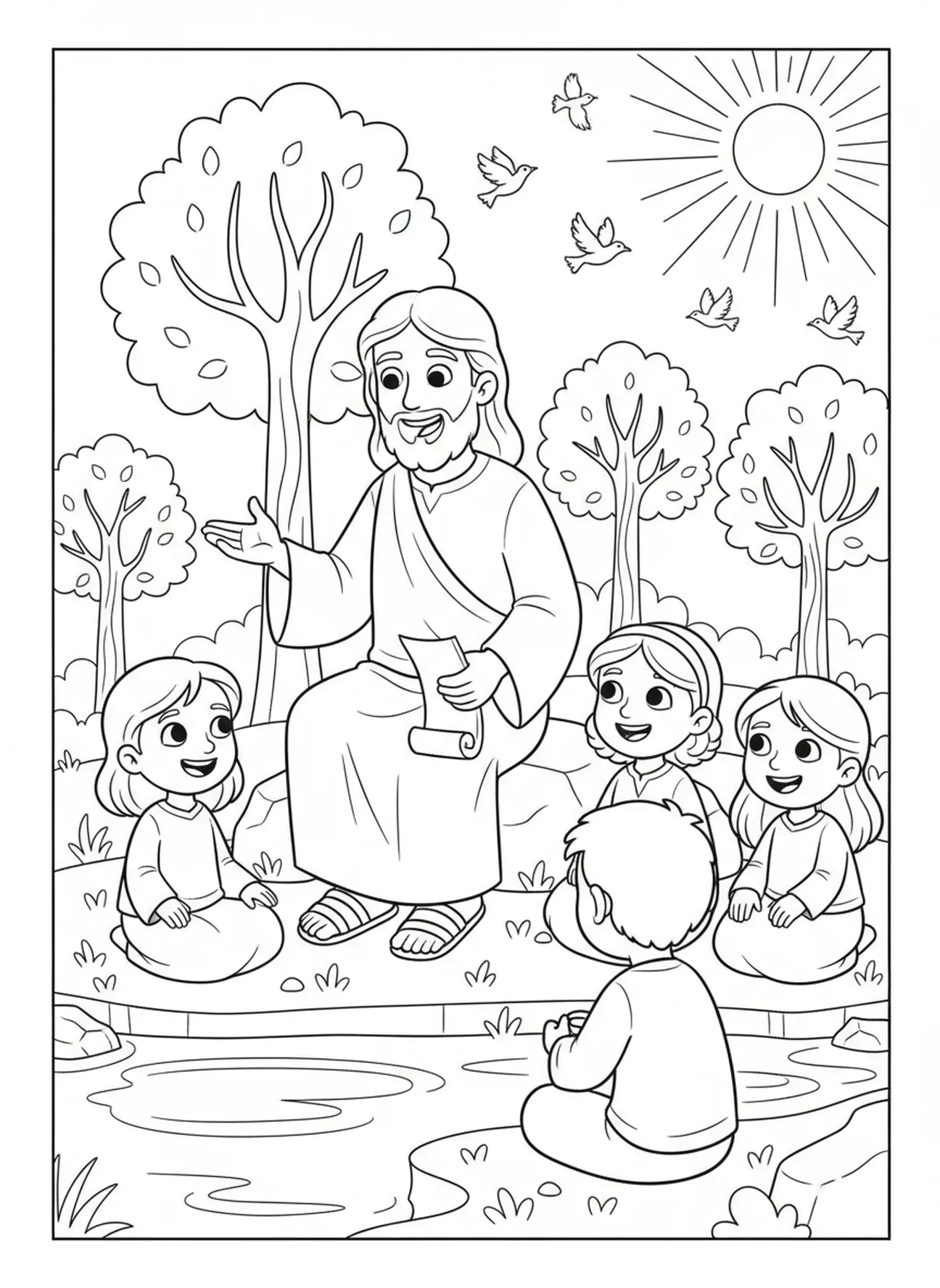 Jesus com os discípulos, página para colorir sobre o Chamado dos Discípulos para crianças de 5 a 10 anos