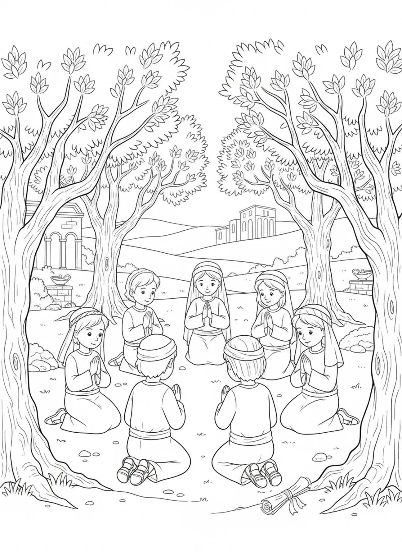 Disciples priant ensemble, page à colorier sur les Disciples pour les enfants de l'École du dimanche âgés de 5 à 12 ans
