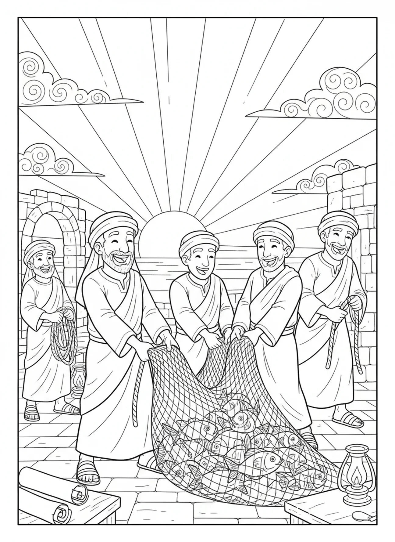 Disciples travaillant ensemble, page à colorier sur l'appel des disciples pour les enfants de l'École du dimanche âgés de 5 à 12 ans