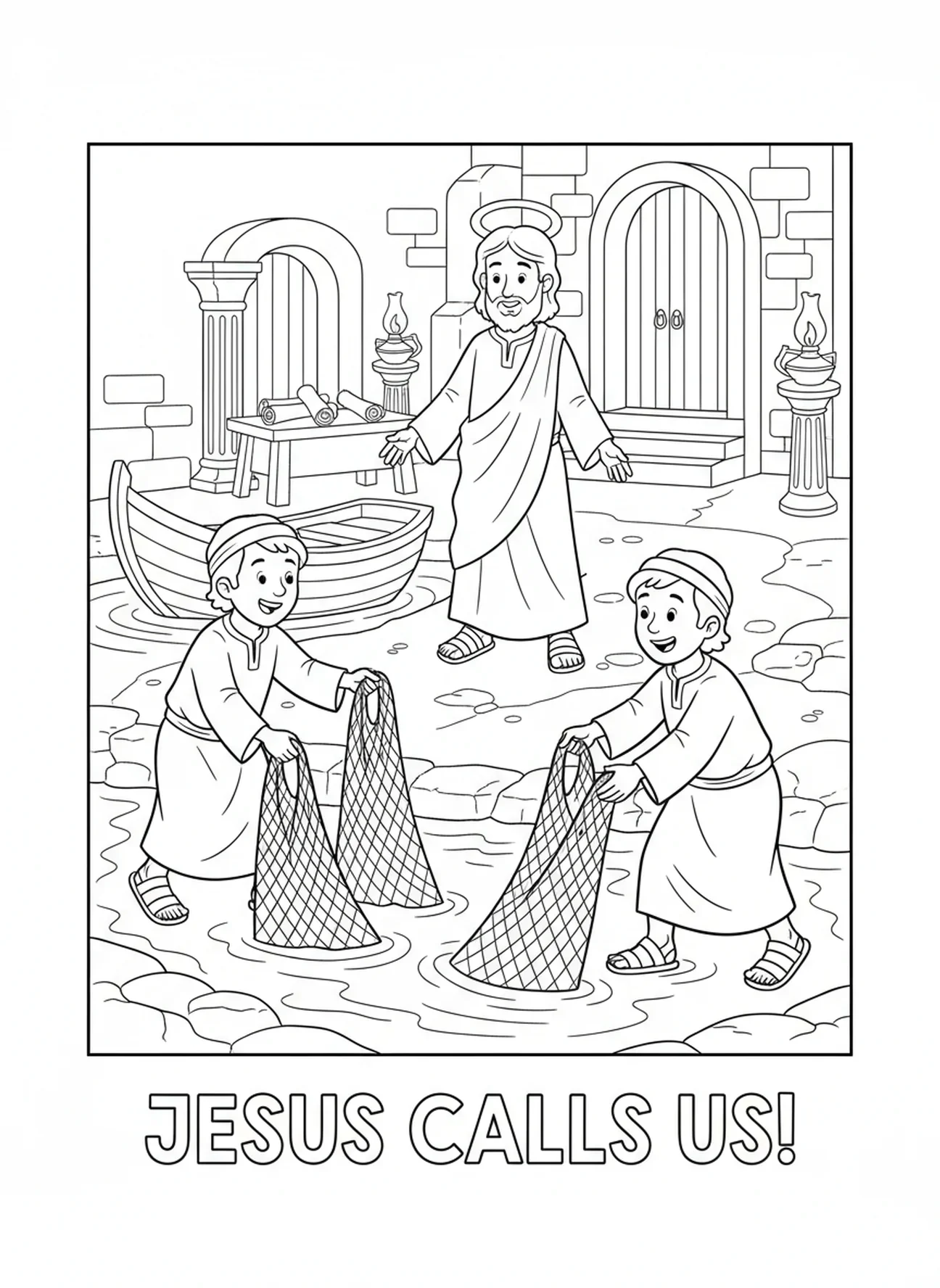 Deux pêcheurs répondant, page à colorier sur l'appel des disciples pour les enfants de l'École du dimanche âgés de 5 à 12 ans