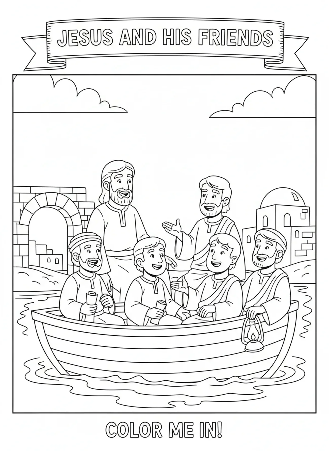 Jésus et les disciples dans un bateau, page à colorier sur l'appel des disciples pour les enfants de l'École du dimanche âgés de 5 à 12 ans