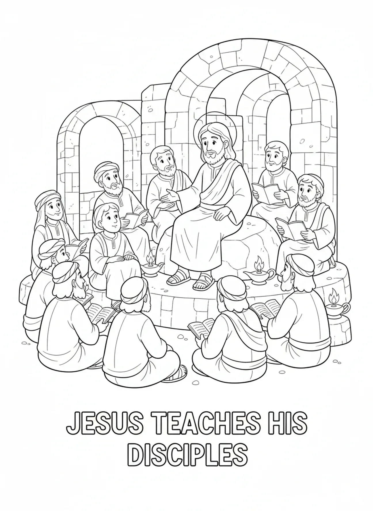 Jésus enseignant les disciples, page à colorier sur l'appel des disciples pour les enfants de l'École du dimanche âgés de 5 à 12 ans