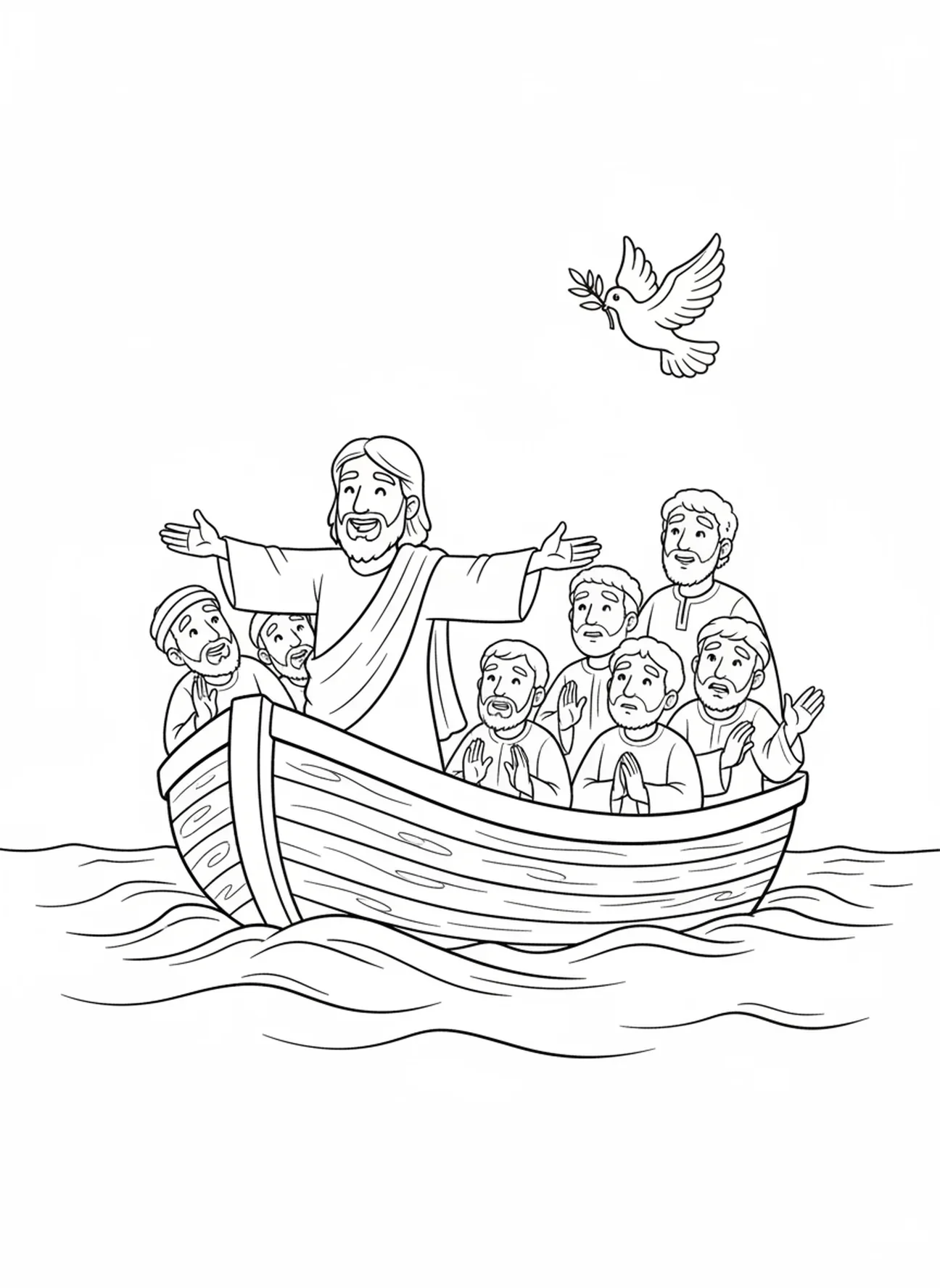 Mar calmo com Jesus sorridente, Acalmando a Tempestade, página de colorir para crianças de 5 a 10 anos.