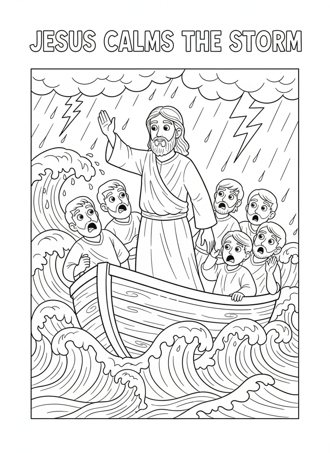 Jesus acalmando a tempestade, página de colorir Acalmando a Tempestade Discípulos Medo Tempestade para crianças de 5 a 10 anos.
