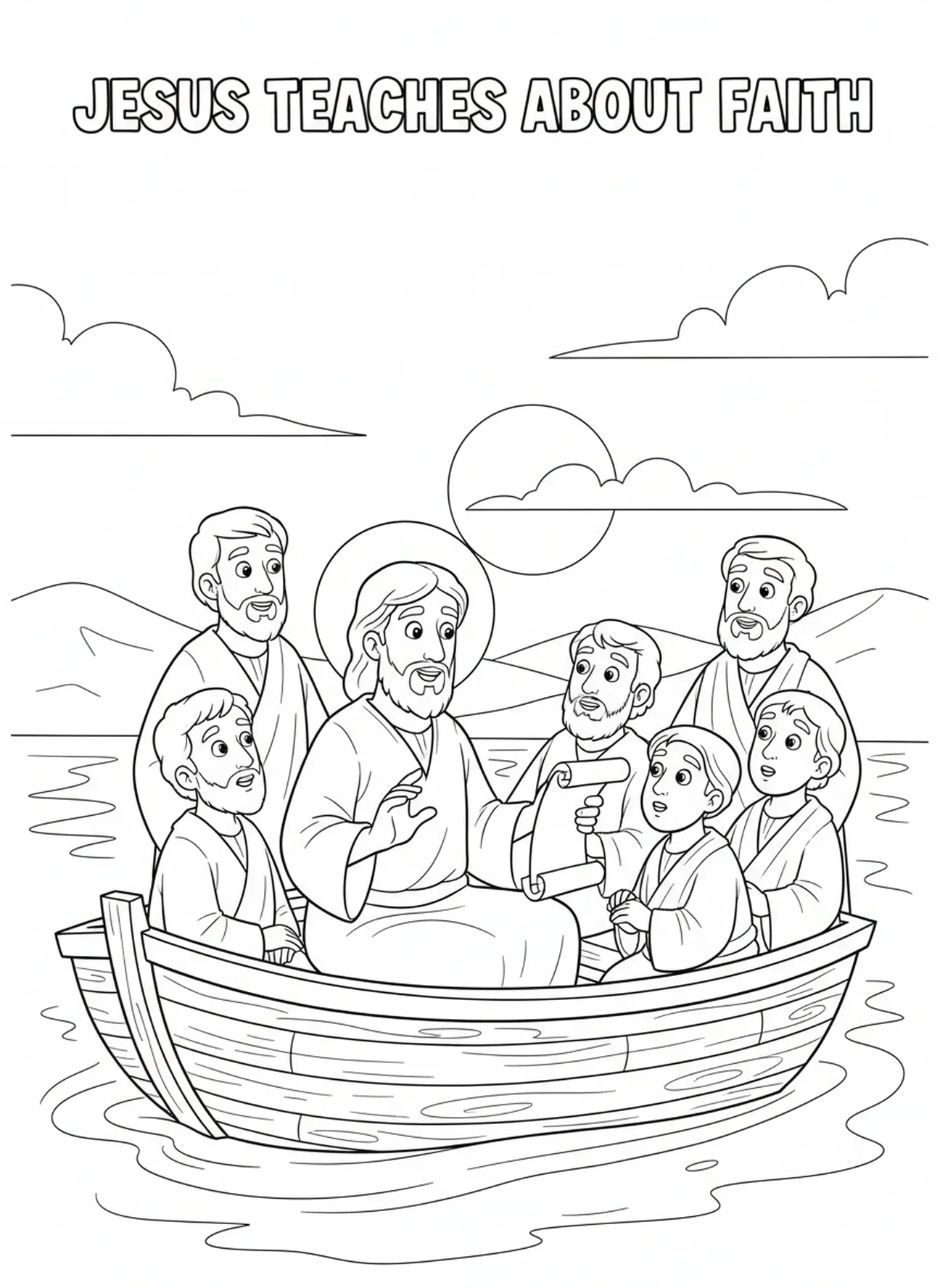 Jesus ensinando os discípulos, Acalmando a Tempestade, página de colorir para crianças de 5 a 10 anos.