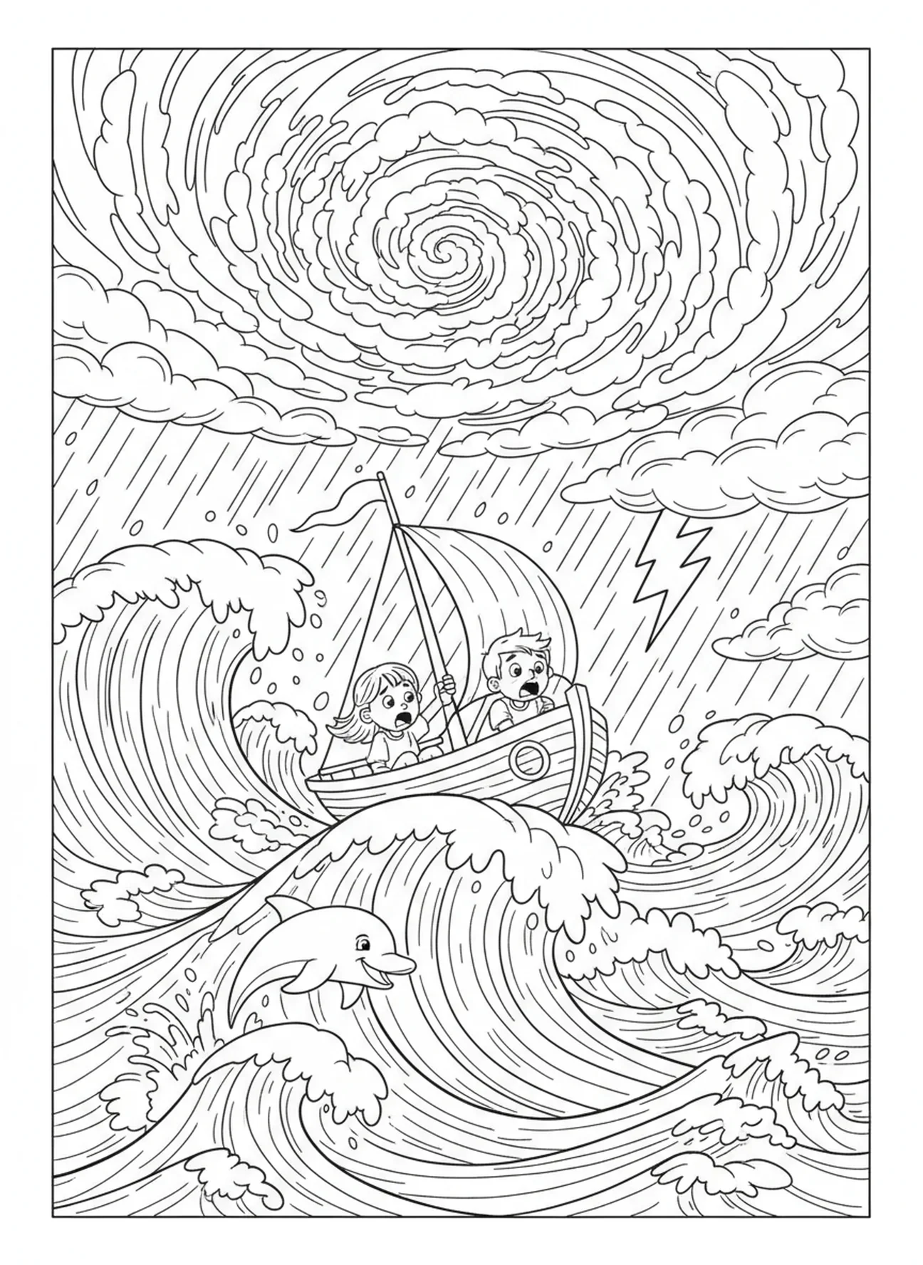Mar tempestuoso com altas ondas, Acalmando a Tempestade Descipulos Temem Tempestade página de colorir para crianças de 5 a 10 anos.