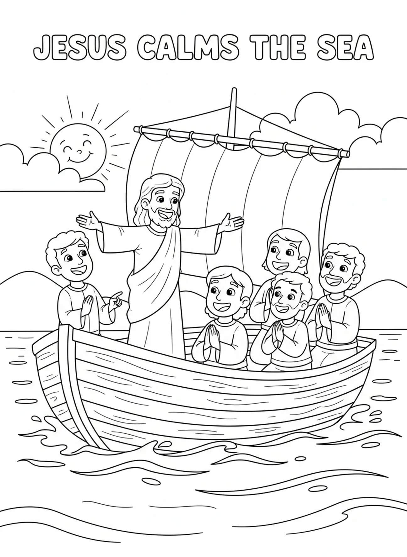 Ruhiges Meer nach dem Sturm, Jesus stillt den Sturm Ausmalbild für Kinder im Alter von 5-10 Jahren