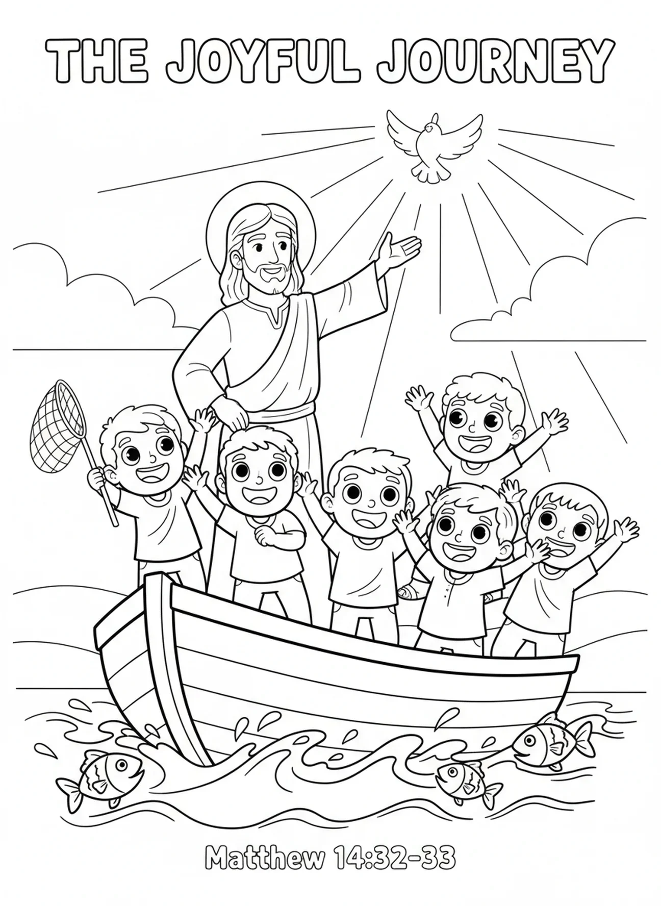Jünger voller Freude, Jesus stillt den Sturm und tadelt den Wind Ausmalbild für Kinder im Alter von 5-10 Jahren