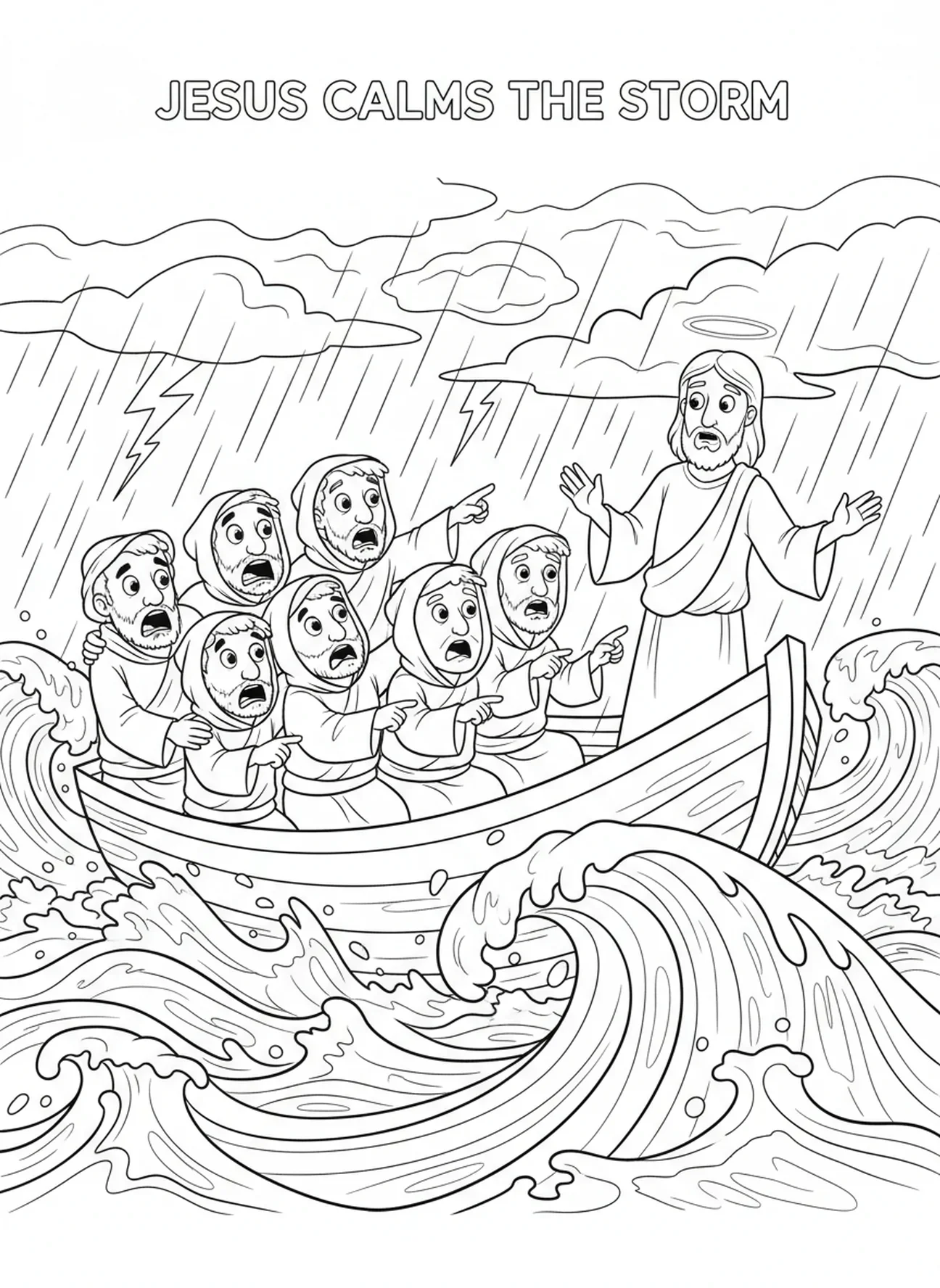 Jünger in Angst, Jesus beruhigt den Sturm, Ausmalbild für Kinder im Alter von 5-10 Jahren